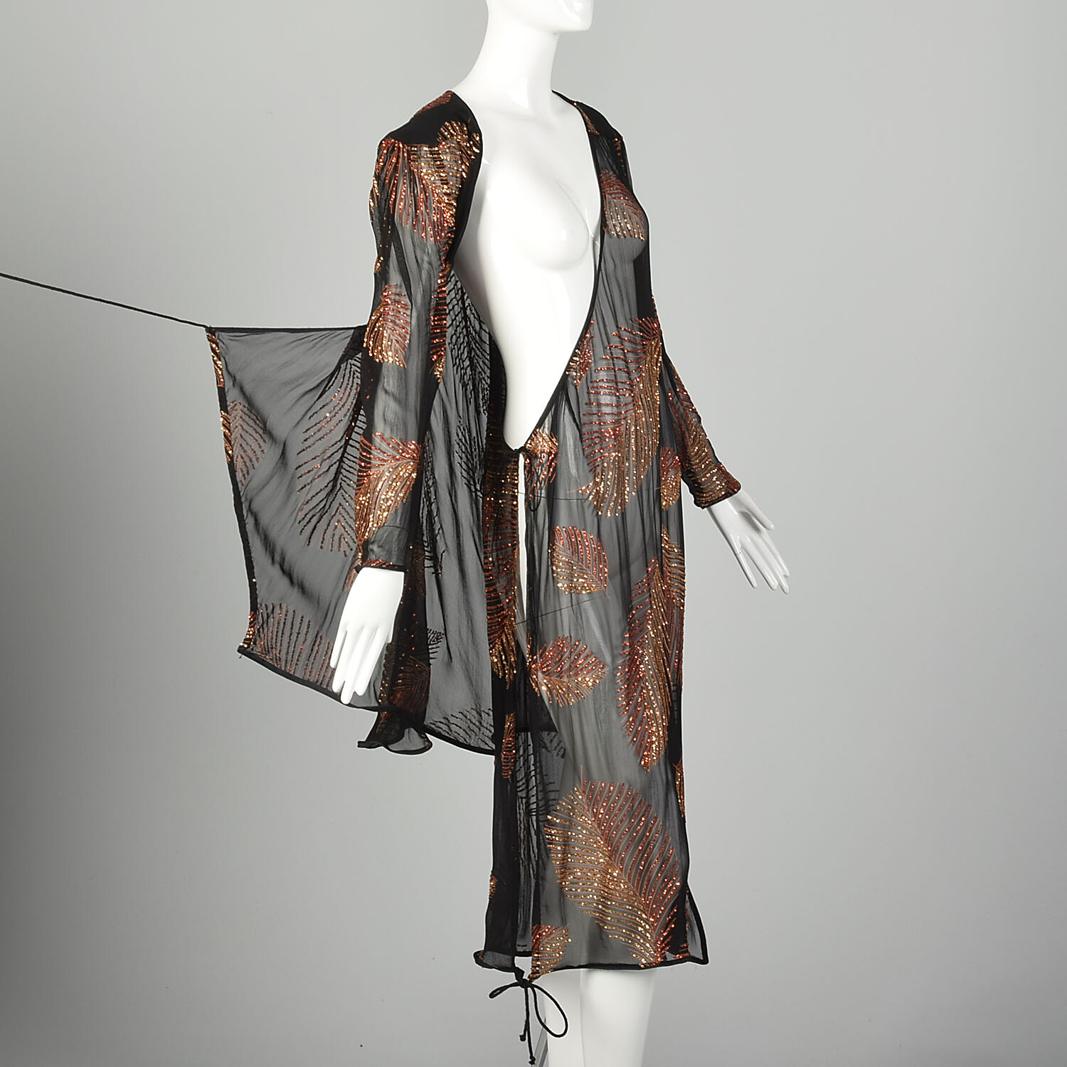 Medium 1980s Two Piece Wrap Dress Black Glitter Sheer VTG 80s