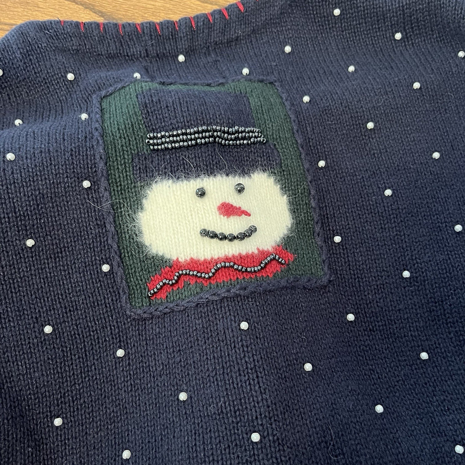 VTG Christopher & Banks Christmas Hand Embroidered Snowman Beaded Cardigan L