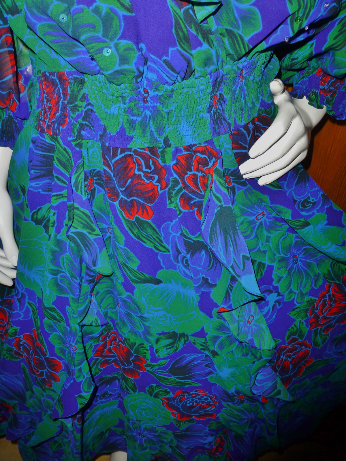 Vtg 80s Floral Georgette Freis Style Sequins Ruffles Boho Hippie GIPSY DRESS XL