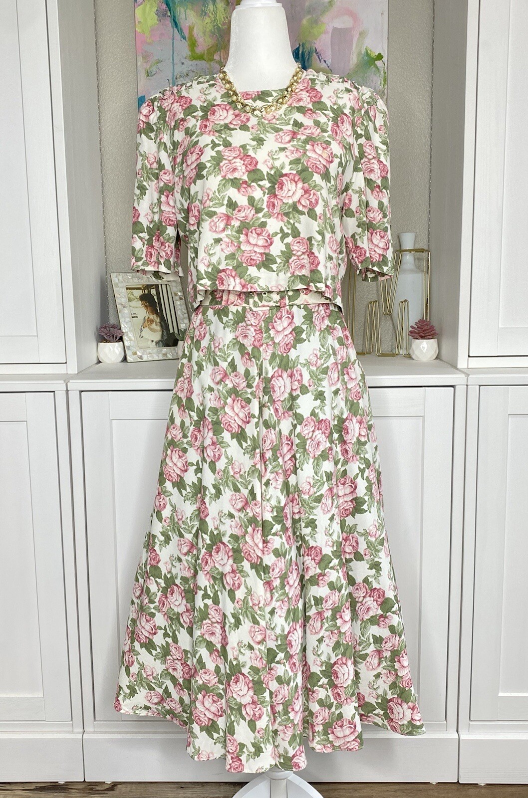 1980s ED Michaels Belted Illusion Dress Florals Rayon Modest Size 9/10 Petite