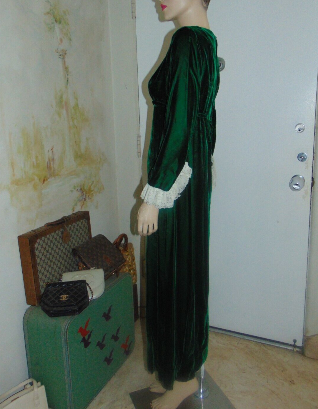 Lorrie Deb Vintage Maxi Dress Scarlet 1960s Green Velvet Dress Fairygrunge Goth