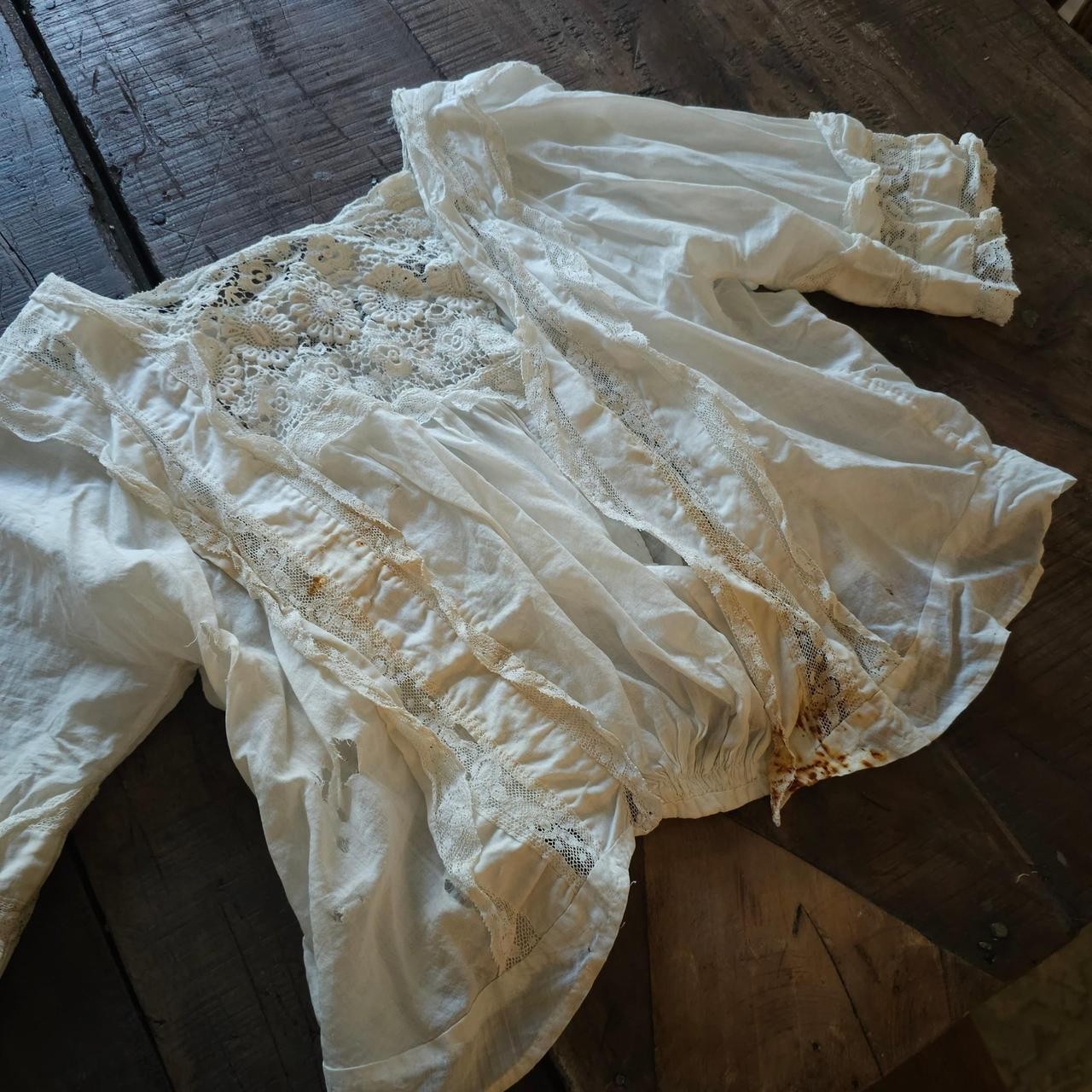 White Lace & Cotton Blouse w/ Floral Embroidery Antique 1910s Edwardian Shirt
