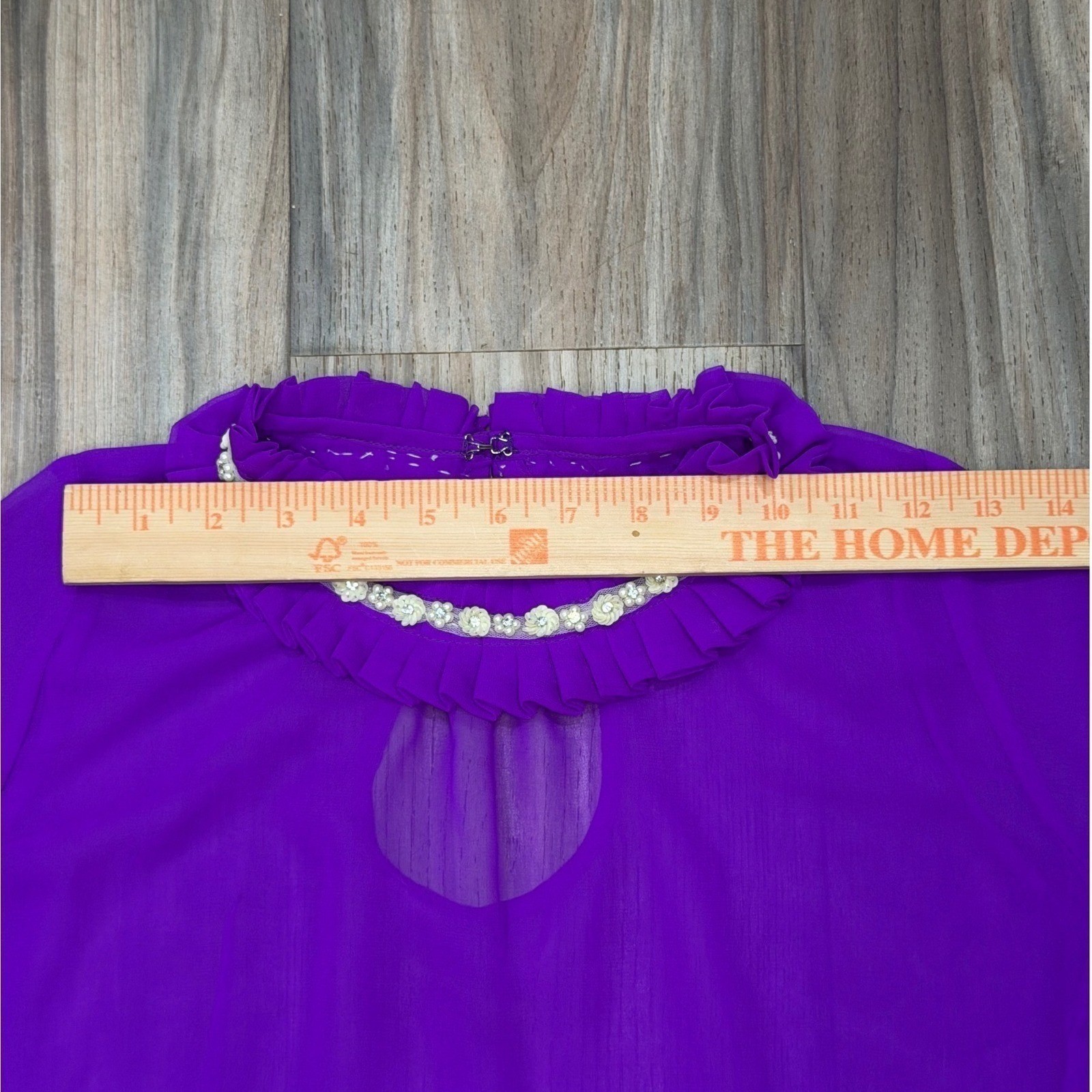 VTG Purple Sheer Chiffon Ruffle Neck Mini Dress Romantic Hollywood Regency S/M