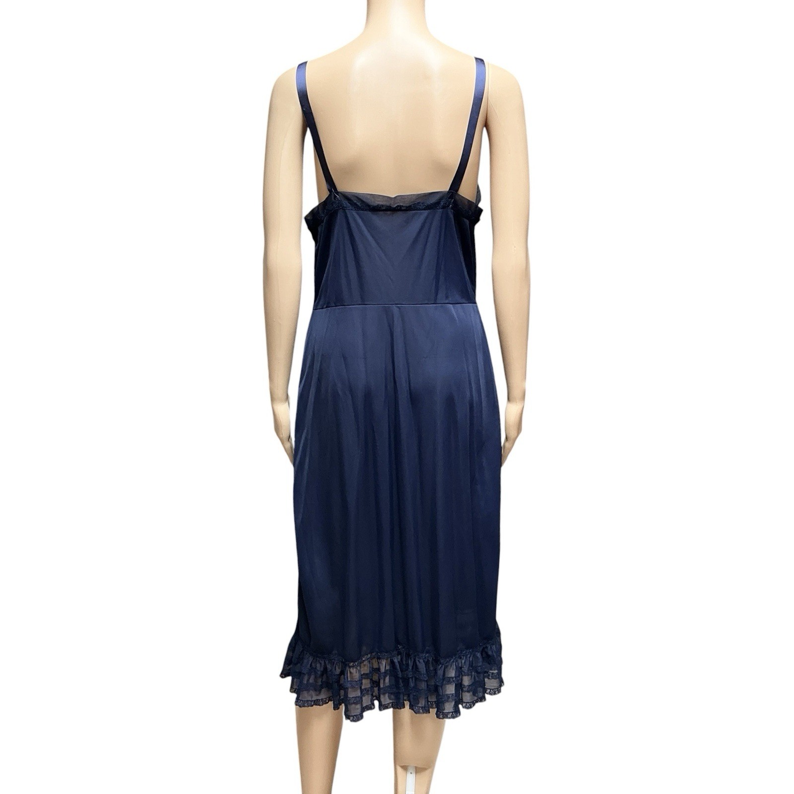 Vintage Charmode Nylon Full Slip Lined Navy Blue Lace Ruffle Trad Wife Boho 38