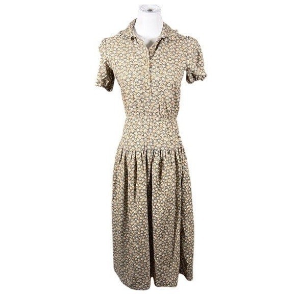 Vintage Try Us 80s Floral Midi Dress ILGWU Union Made Prairie Cottagecore Brown