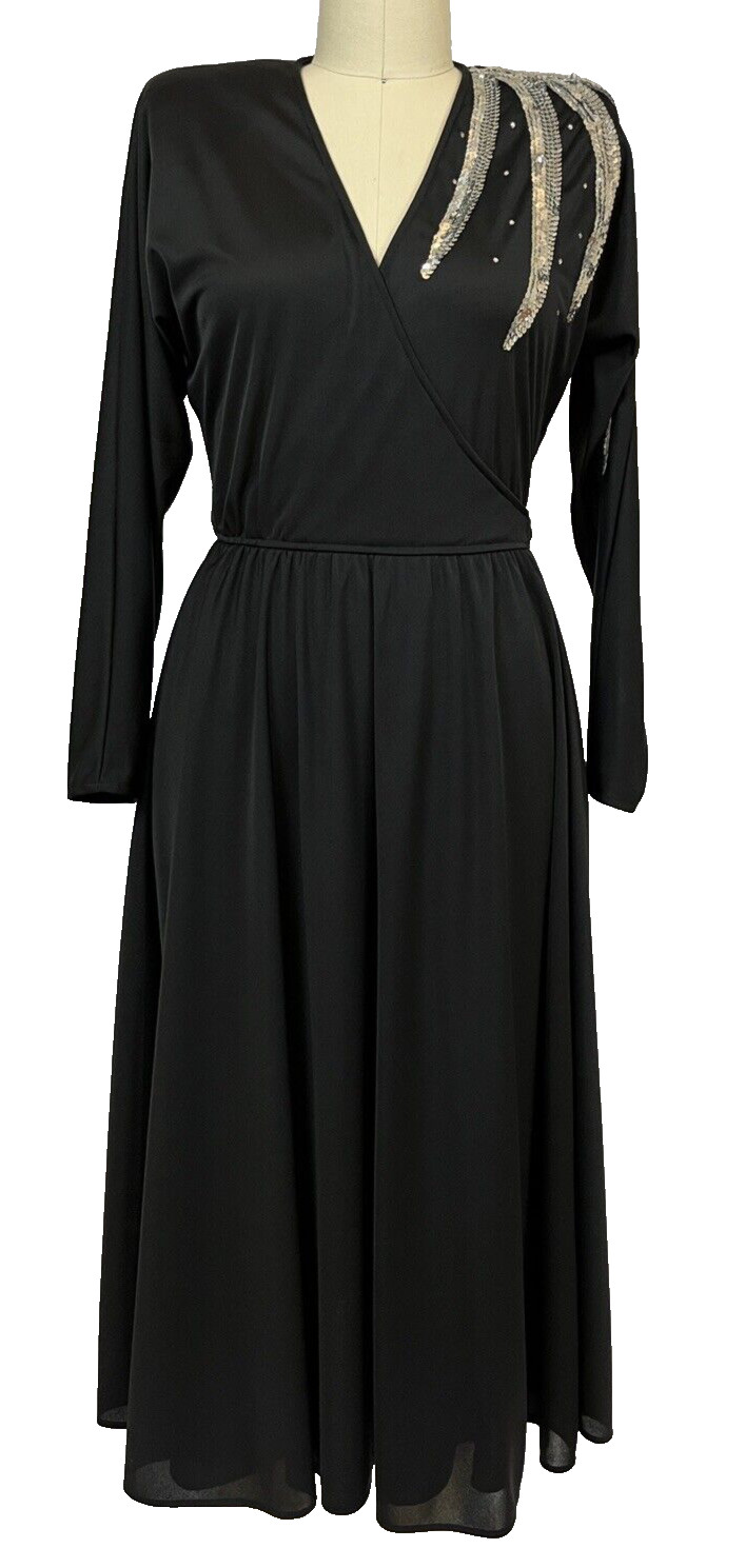 1980&rsquo;s Black Poly Wrap Disco Dress With Sequins and Rhinestones Size 10