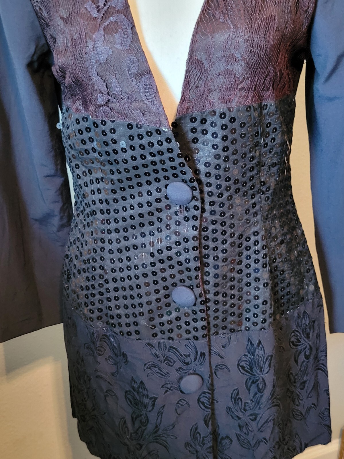 80s/90s Vintage Jacket Black Lace & Sequin Buttonup, By TARAZZIA, Size 5 Small