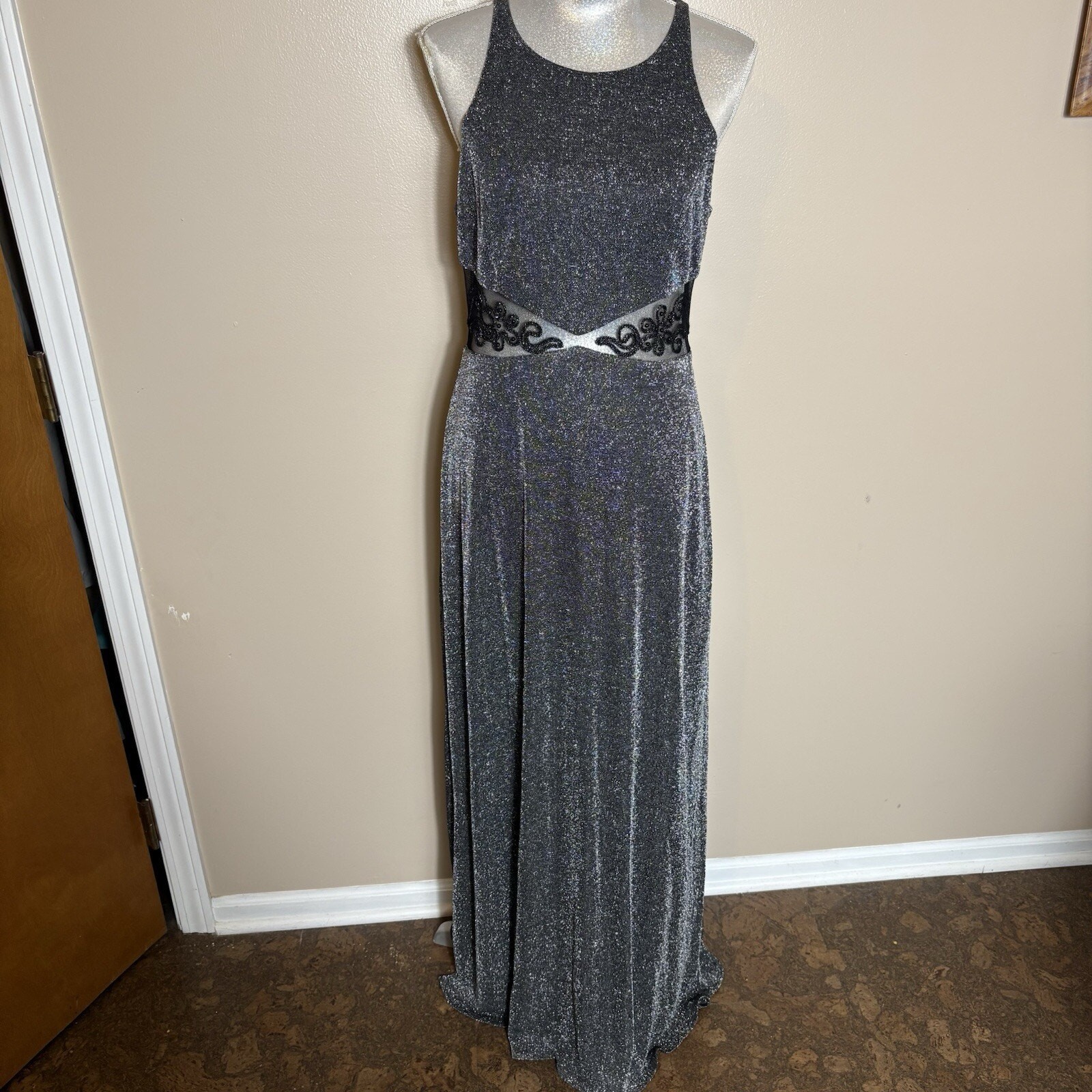 90s Dark Feminine Silver Maxi Dress Sheer Mesh Embroidered Gothic Formal 13/14