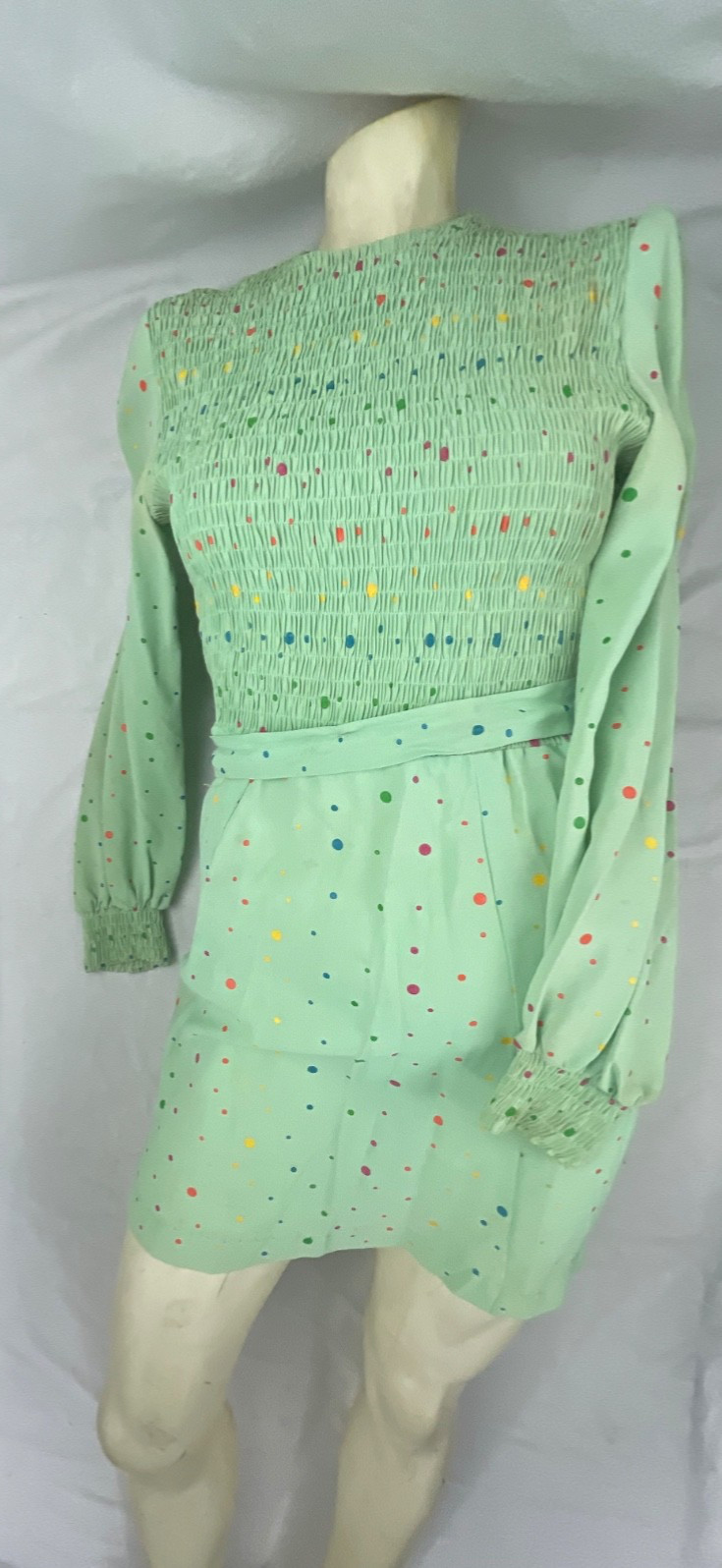 VTG 60s 70s WOMENS S GREEN POLKA DOT DISCO RETRO CUTE FUN PARTY DRESS