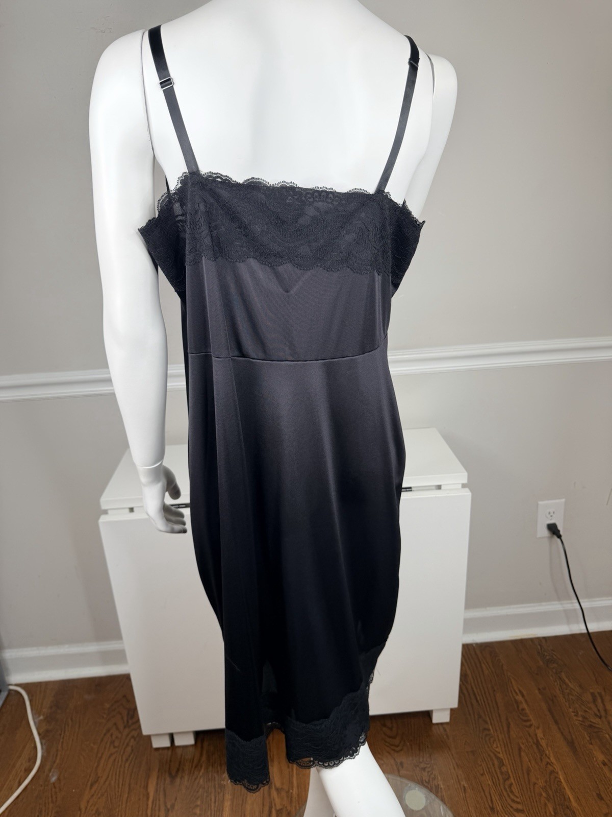 Vintage Dixie Belle Slip Lingerie Womens 44 Black Lace Trim Chemise Made USA
