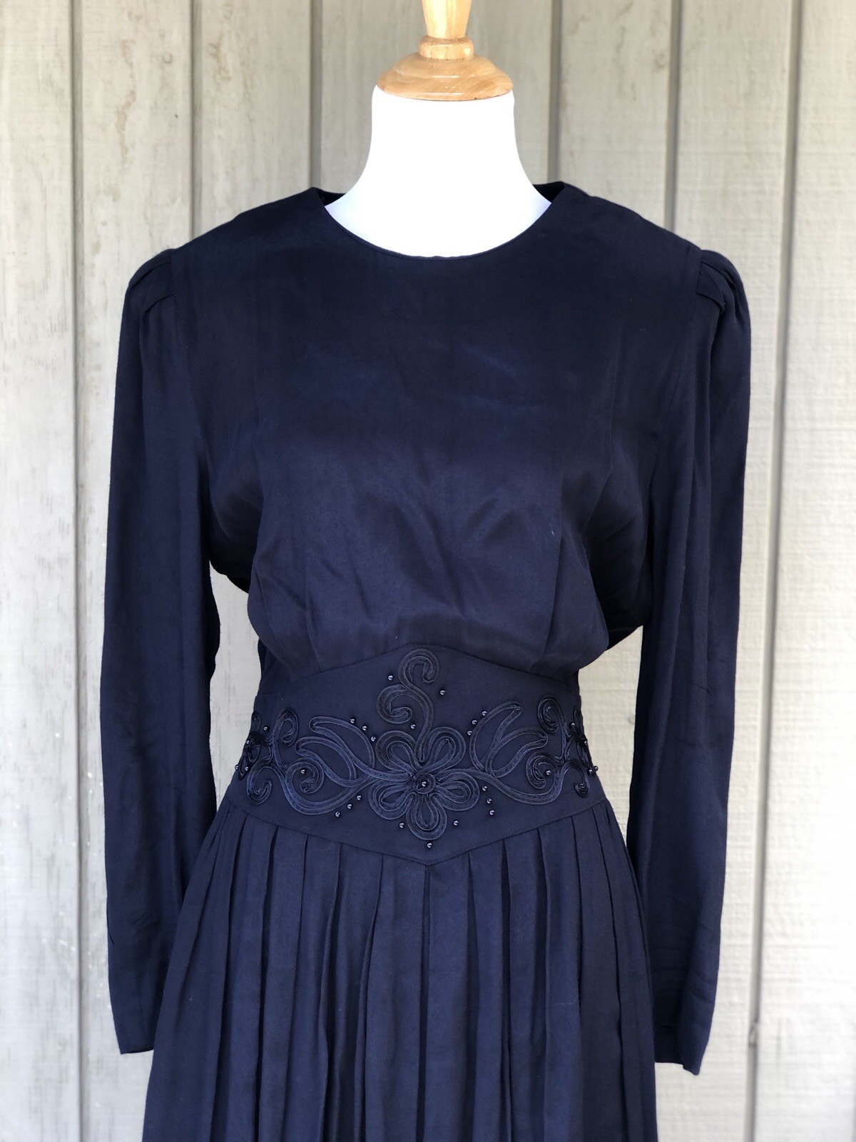 Vintage 70s Karin Stevens Beaded Embroidered Whimsical Navy Blue Maxi Dress 6