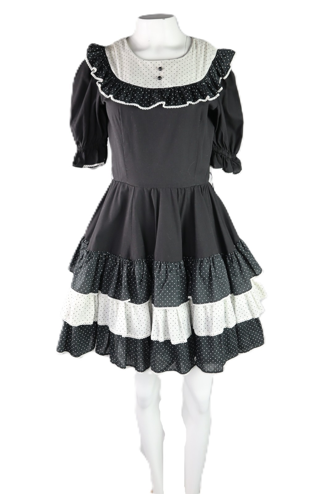 VTG 60s 70s Jeri Bee USA 0 2 XS Square Dance Prairie Polka Dot Knee Dress Black