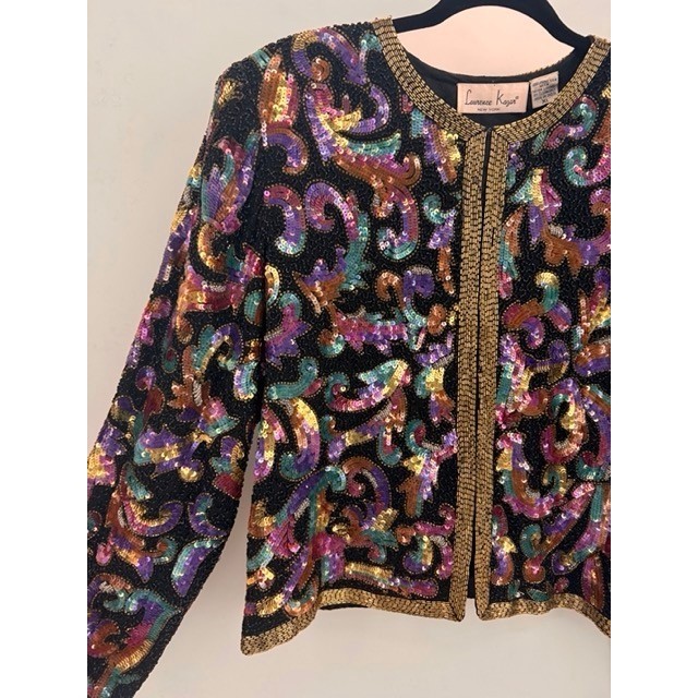Vintage Laurence Kazar Black Multicolor Sequin Beaded Silk Jacket Glam Art Deco