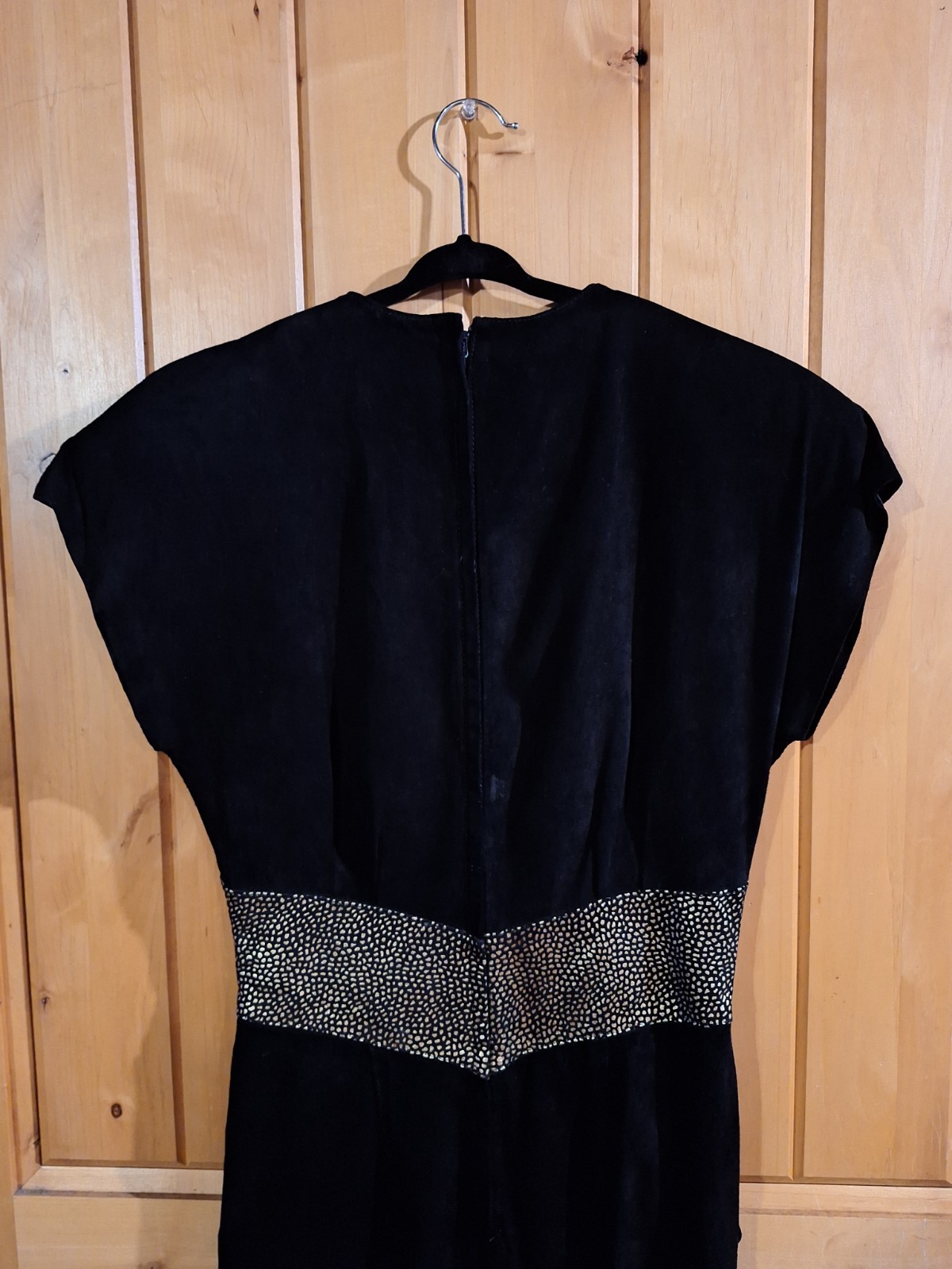 80s does 50s Black and Gold Leather Suede Wiggle Dress Pin Up Bad Girl Viva