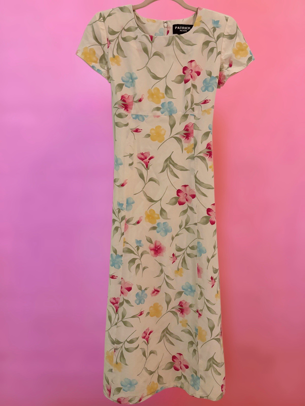 Vintage 80s 90s Patrick Petite 100% Silk Butter Yellow Pink Floral Maxi Dress 6P