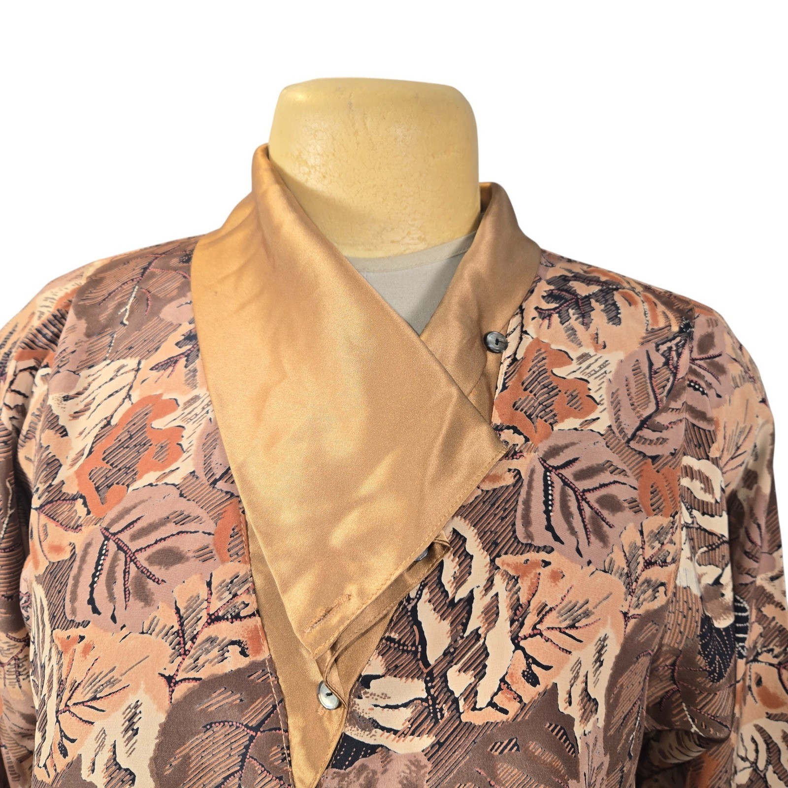 Vintage Macaw Womens Leaf Print Blouse Asymmetrical Satin Collar Brown Copper