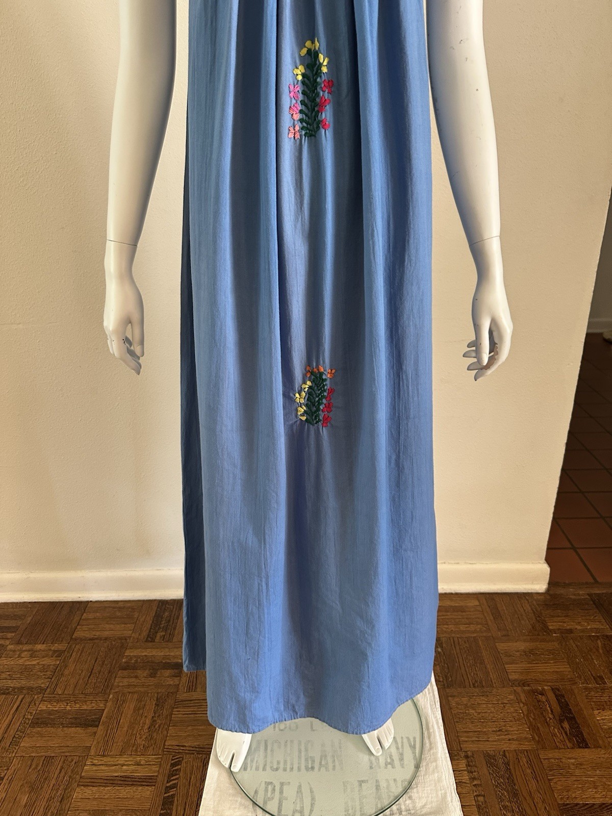 1970s Blue Cotton Oaxacan Mexican Huipil Dress Embroidered Floral Maxi Sz S VTG