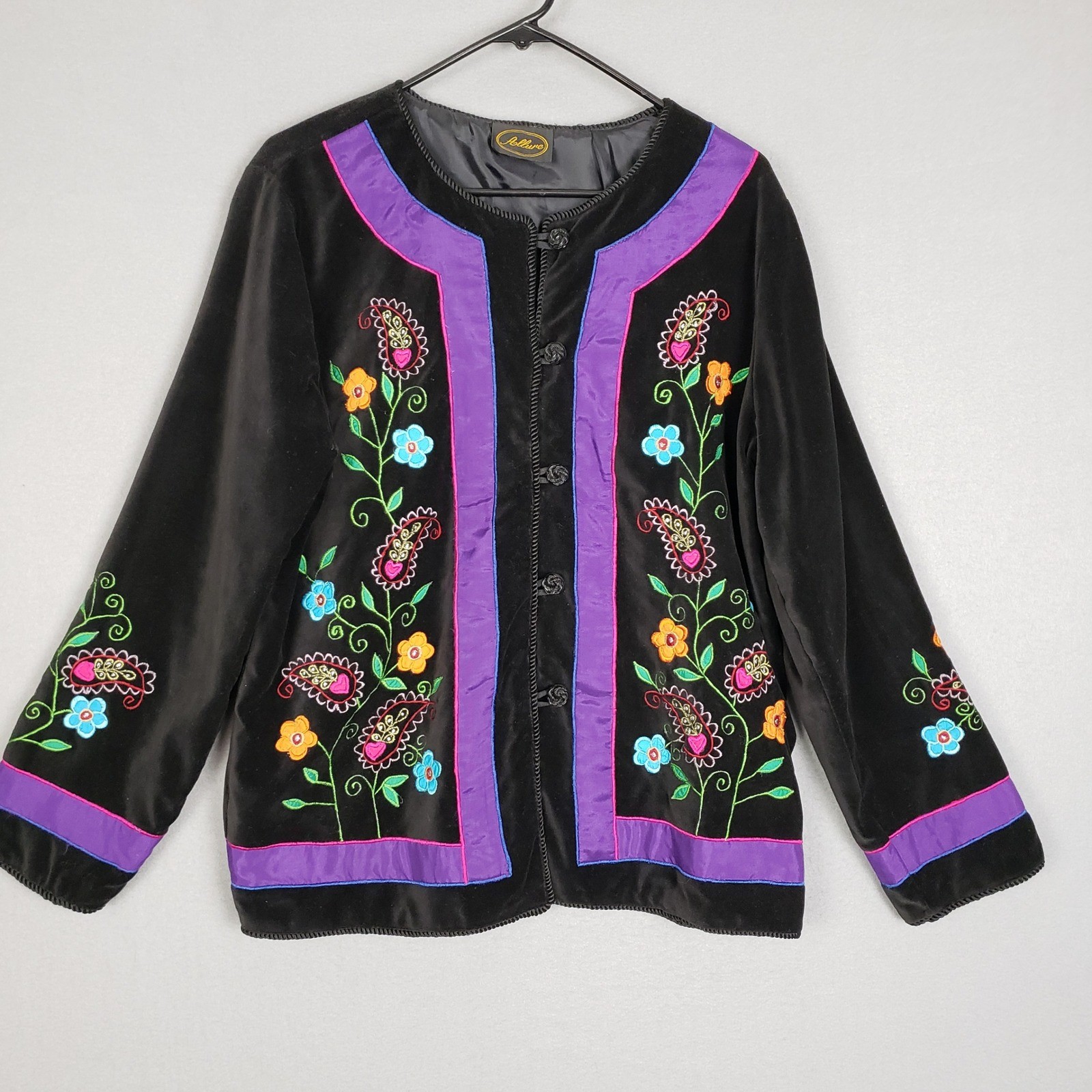 Vintage Allure Art To Wear Velvet Jacket Embroidered Floral Eclectic Wacky Sz L