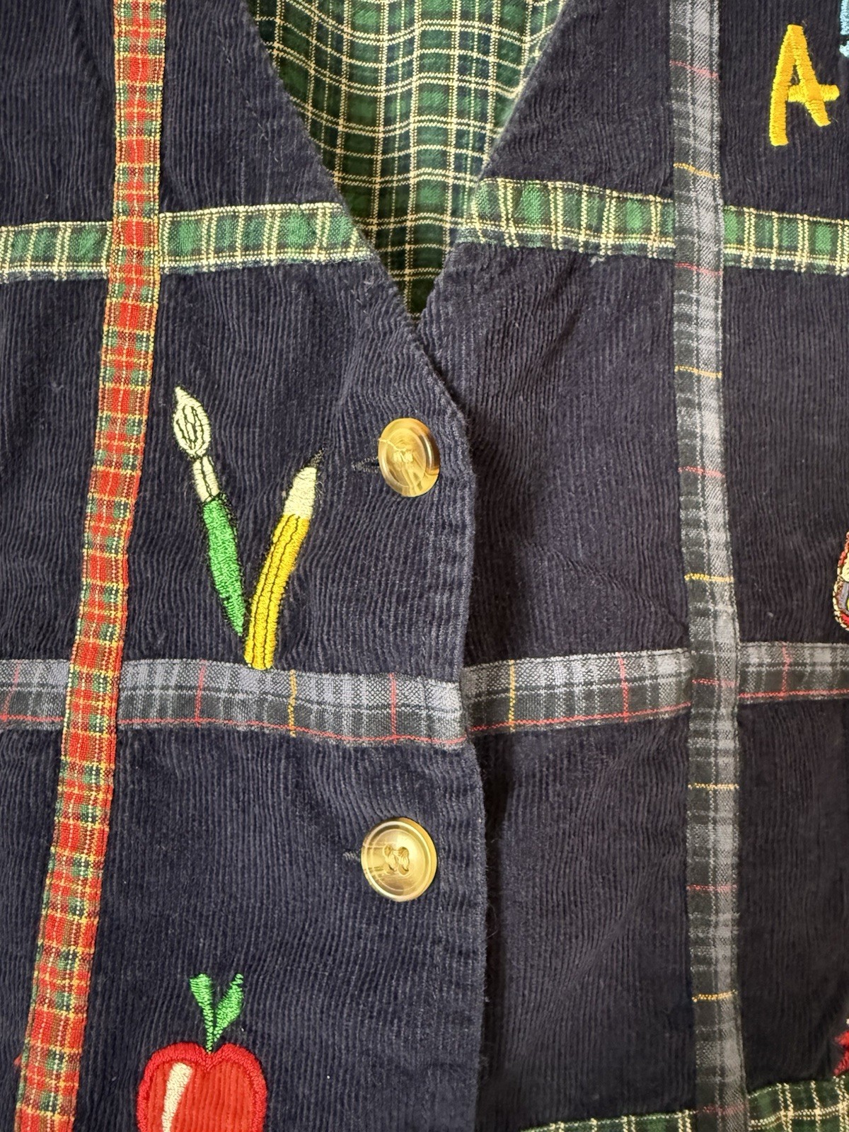 VTG 90s School Teacher Embroidered Plaid Detail Button Vest Pencils Apples Large
