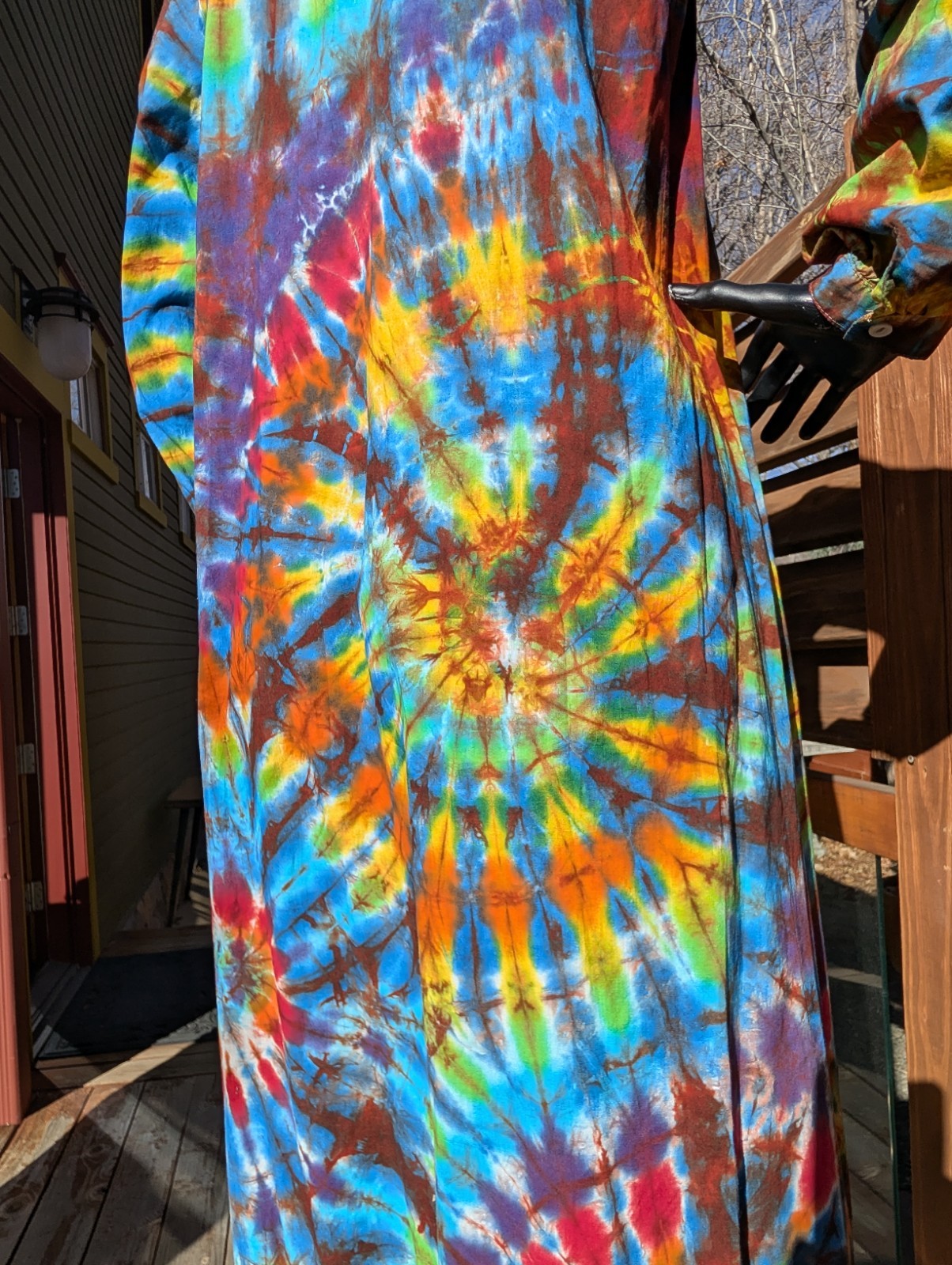 Vintage long sleeve cotton Tie Dye hippie festival dress sz L Aileen West