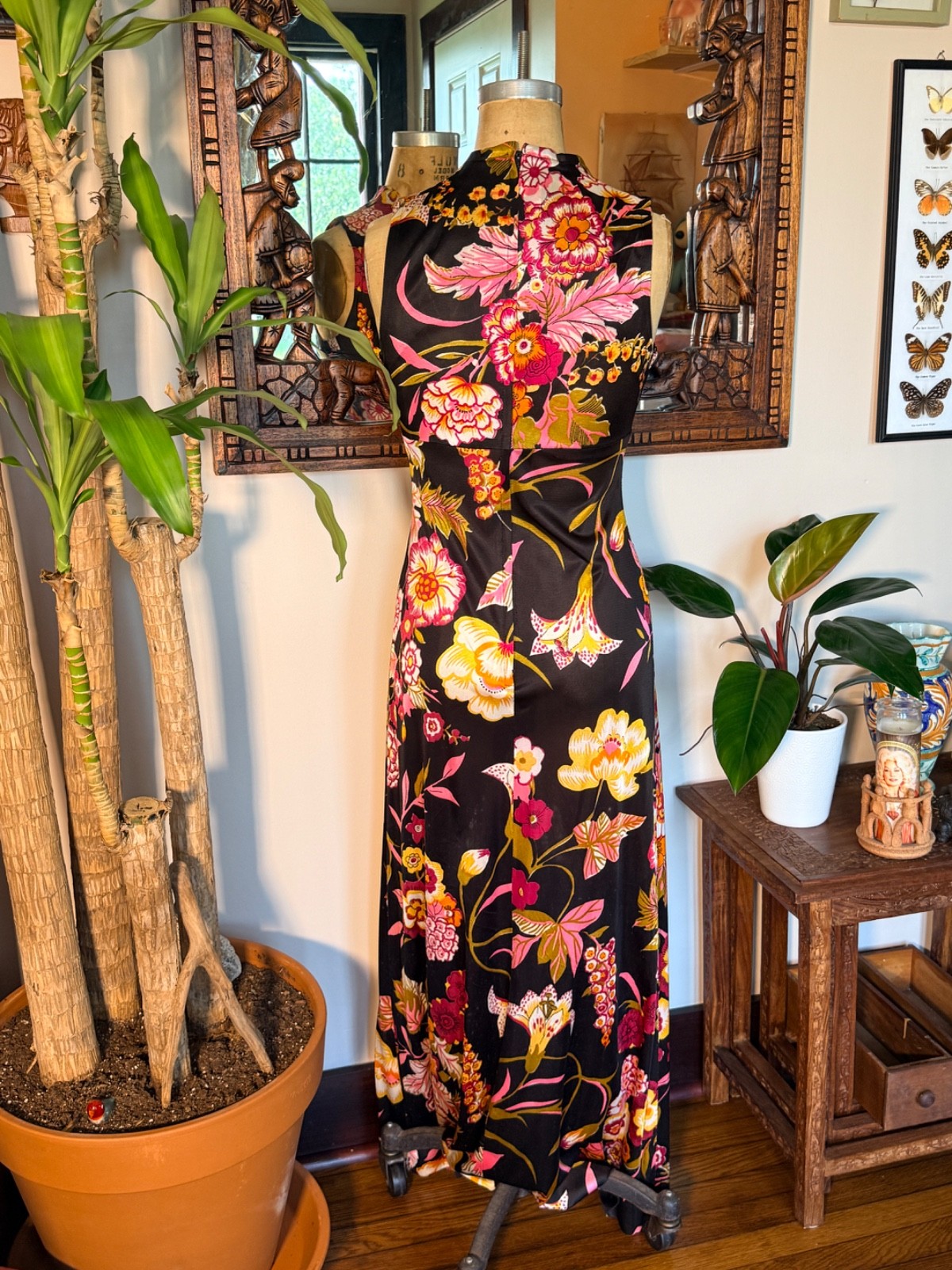 Vintage 70s Slinky Keyhole Polyester Maxi Disco Floral Dress 10