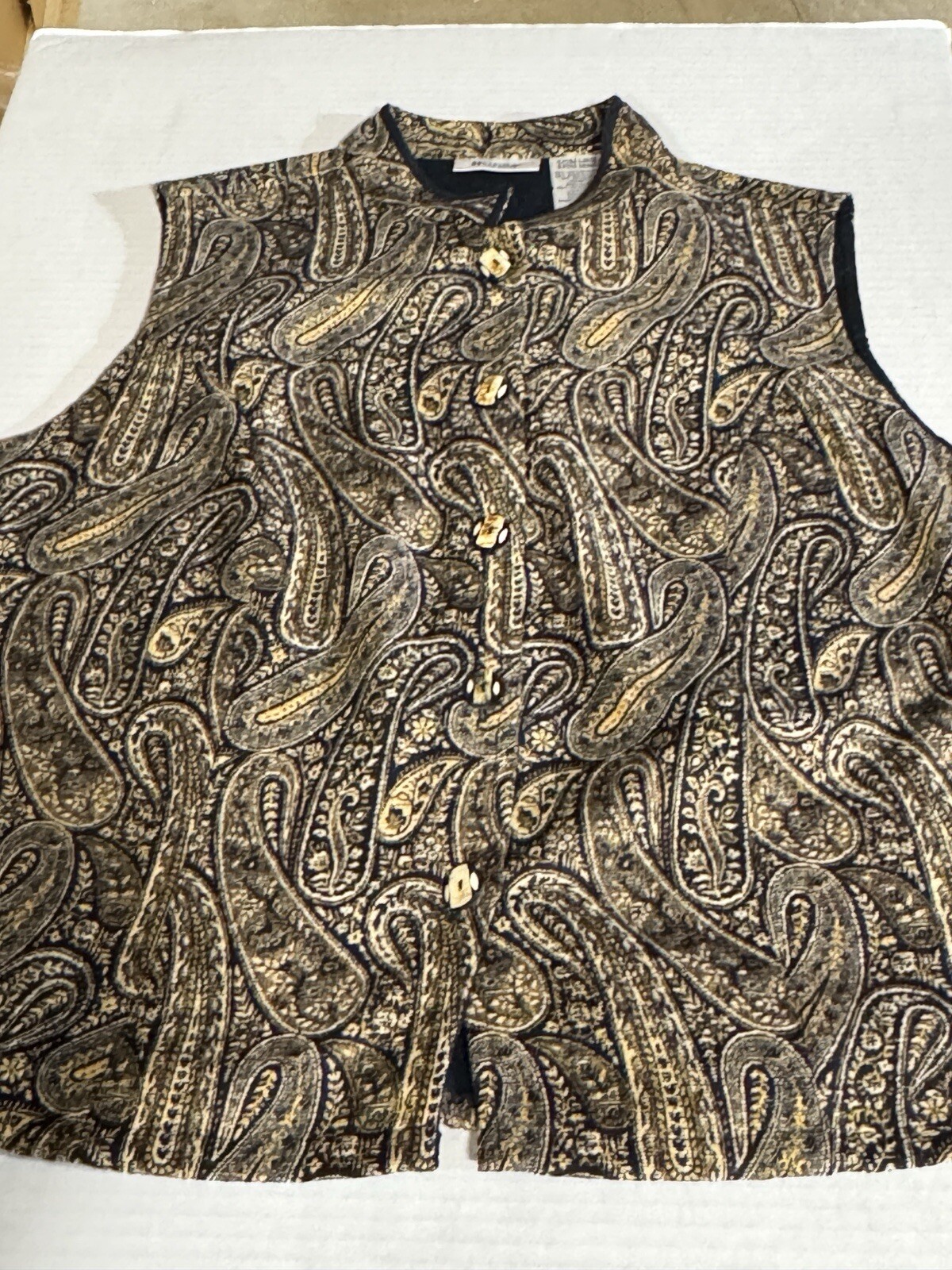 Tapestry Button Front Vest UNITS Women Size XL Blue Gold Paisley Lined Vintage