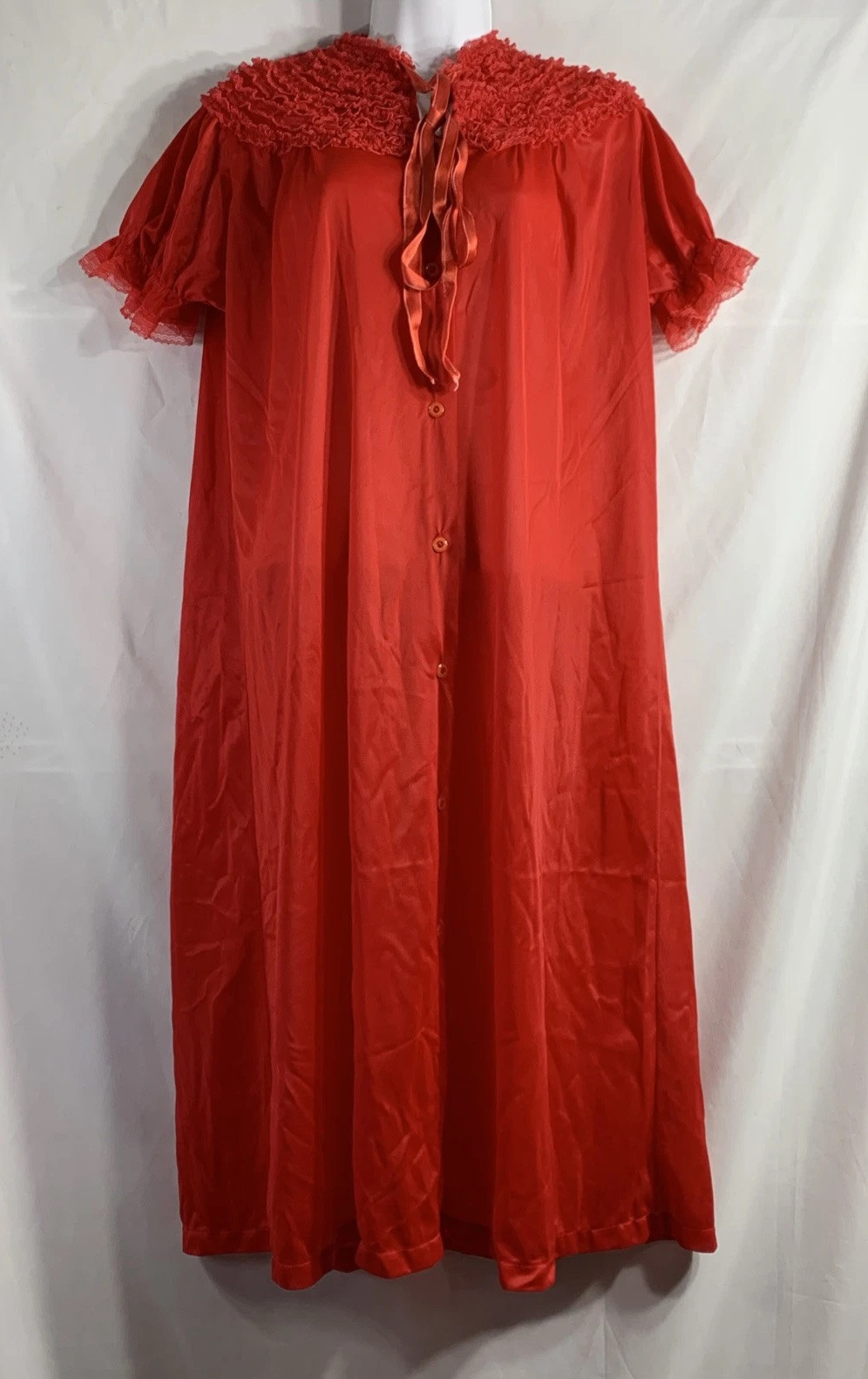 VTG Texsheen Robe Sz 32 Red Ruffle Puff Sleeve Nylon Peignoir Dressing Gown 70&rsquo;s
