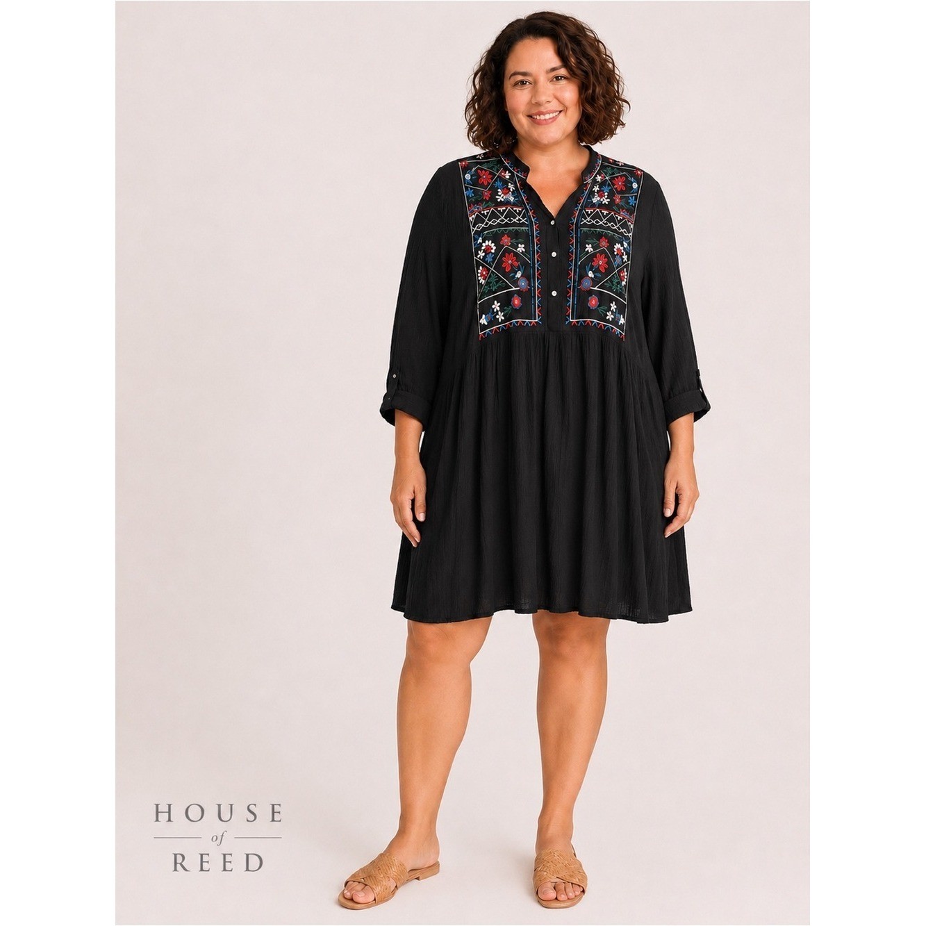 Velzera Embroidered Boho Peasant Dress Black Floral Rayon Size 2X