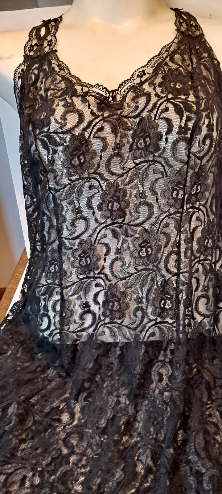 Vtg Y2K Whimsy Goth Romantic Sexy Blk Lacey Midi Enchanted Nylon Dress Nightie