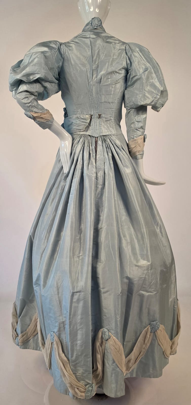 VICTORIAN 1890’S ROBIN’S EGG BLUE SILK TAFFETA BUSTLE DRESS W UNUSUAL SLIT PUFF