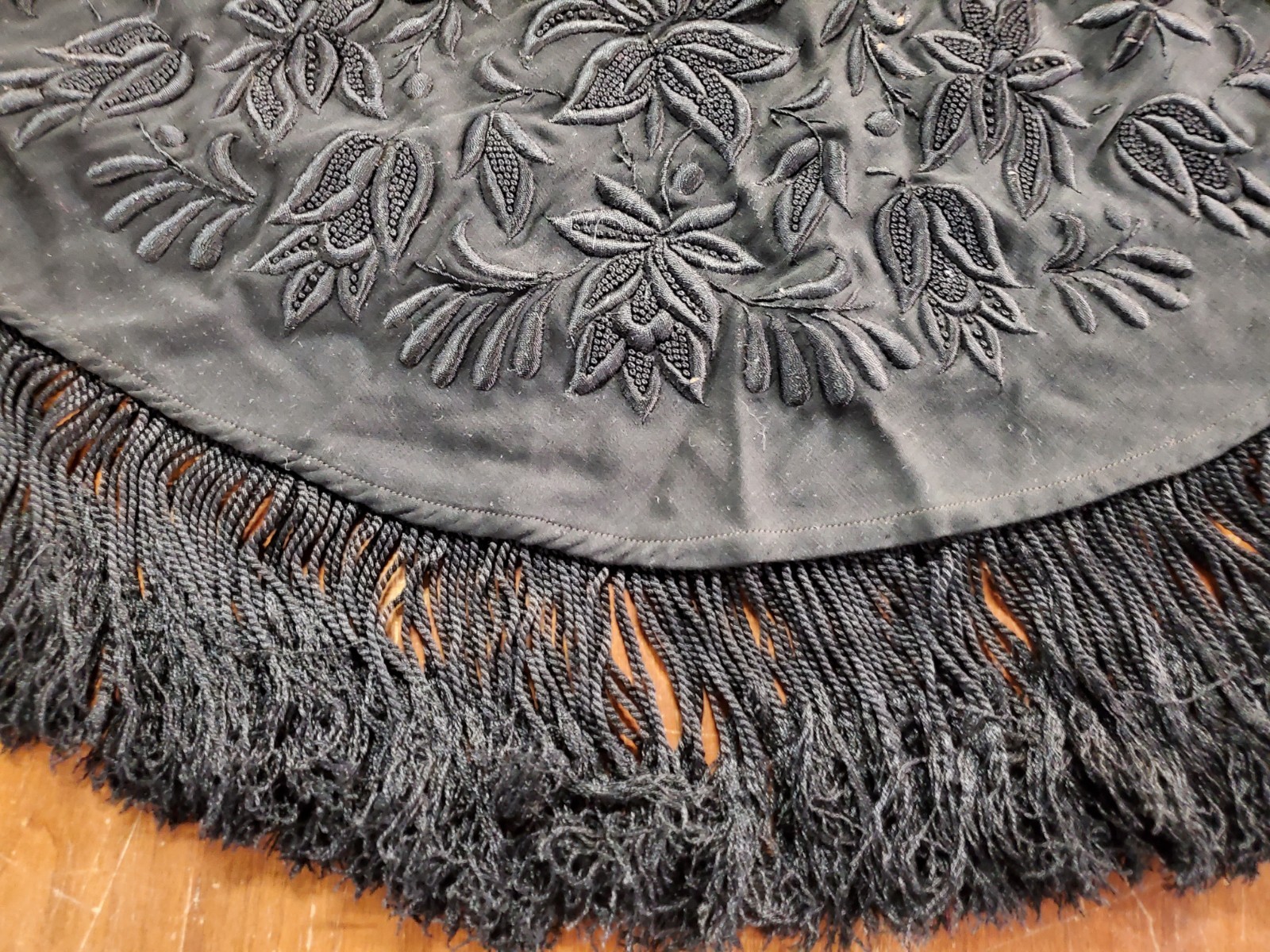 Antique Victorian Mourning Shawl Cape, Embroidered Black with Fringe, Lined