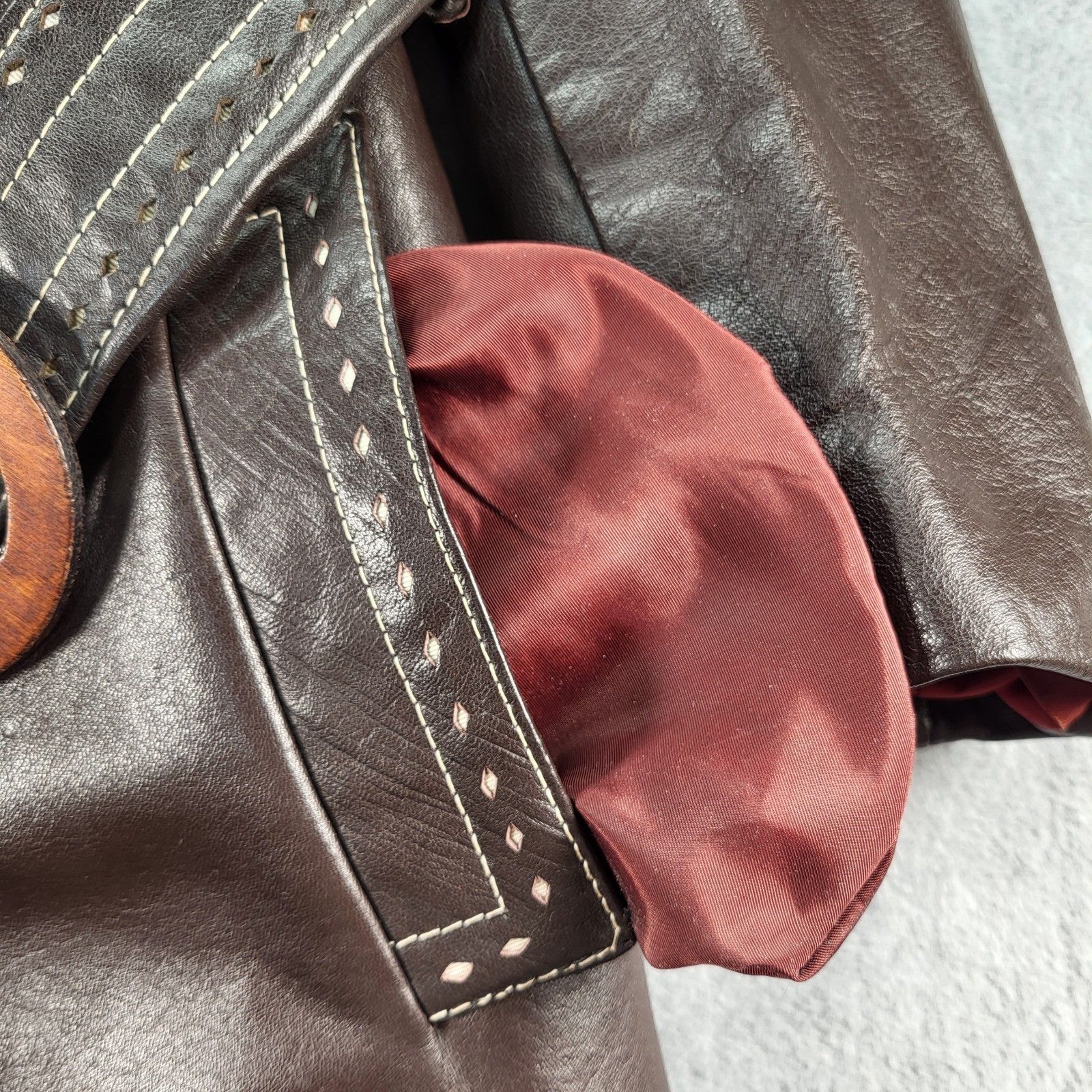 Dan Di Modes Belted Brown Leather Trench No Size Tag Distressed Spots Vintage