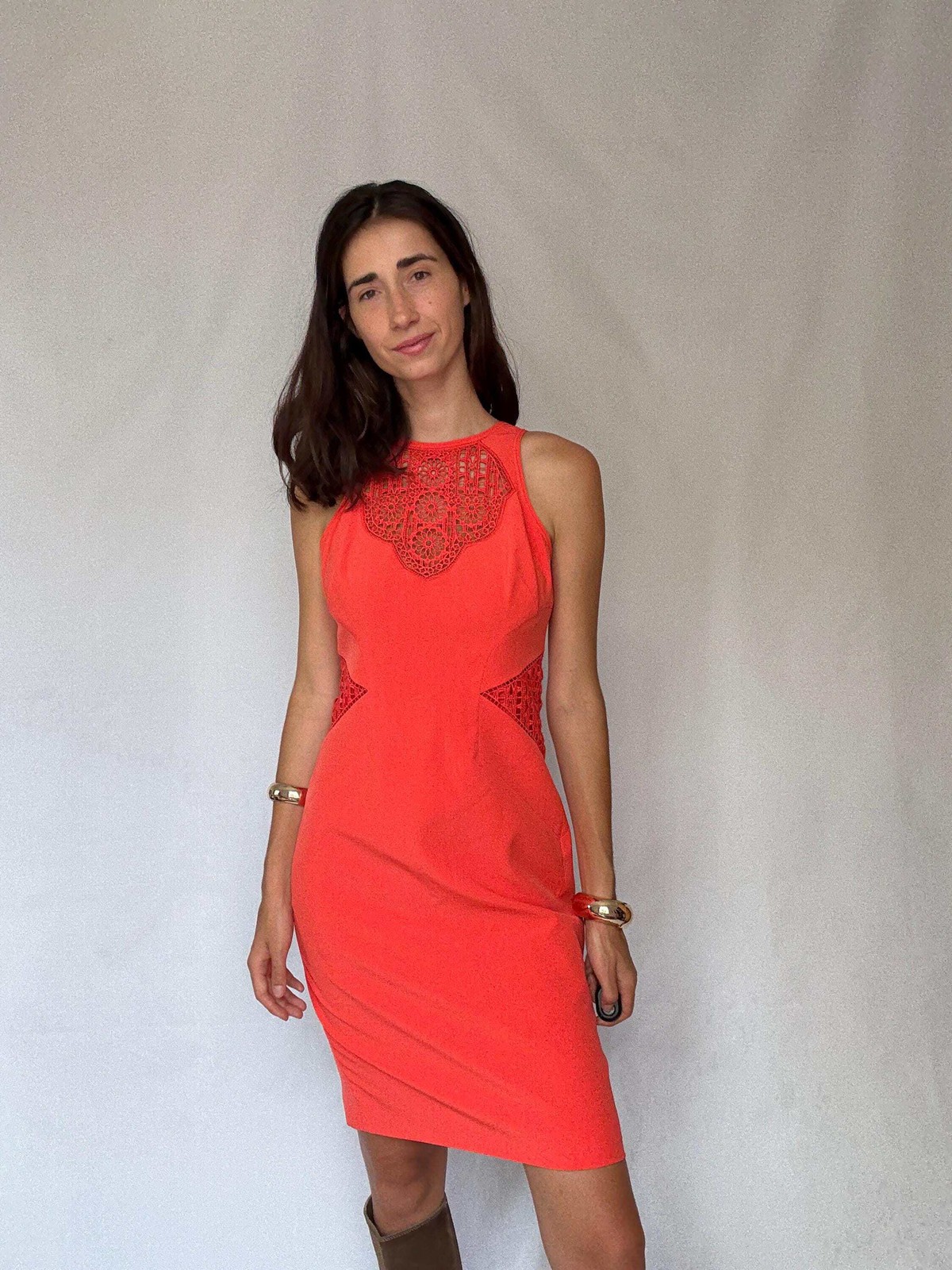 Karen Millen coral lace panel bodycon, EU40,Luxury designer clothing,
