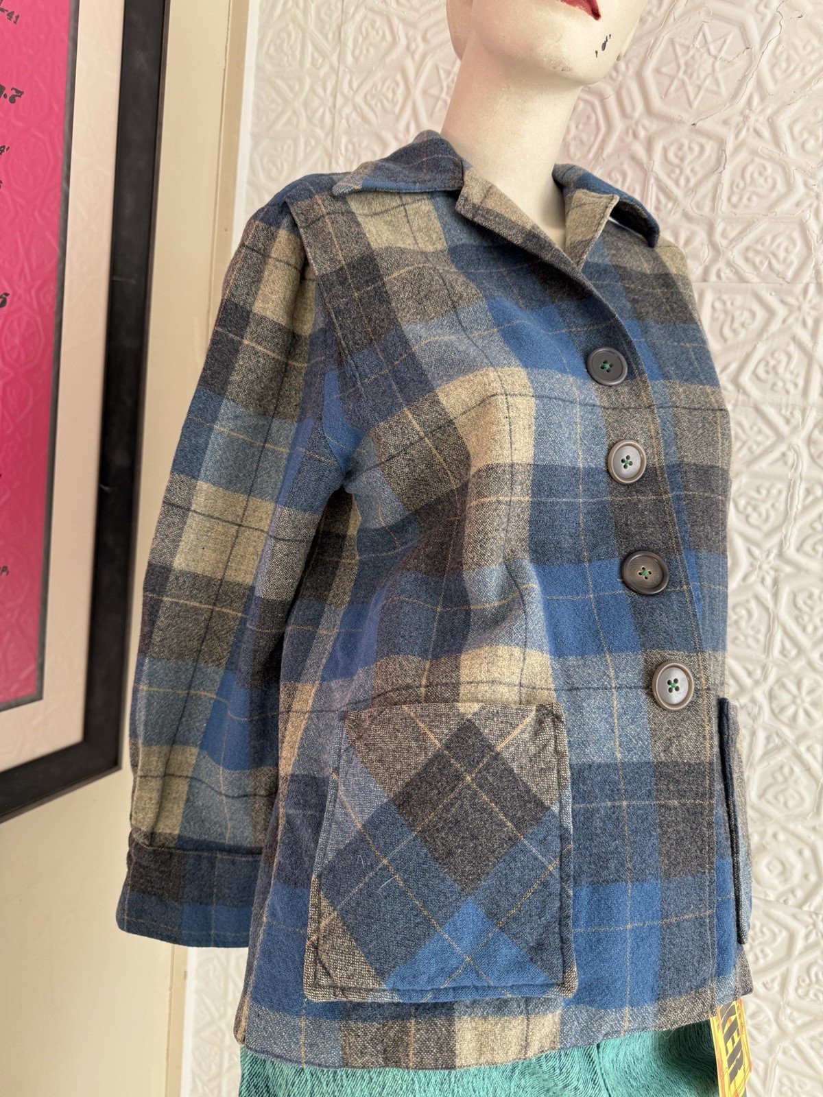True Vintage 1950s/1940s era pendleton style 49er jacket blue grey plaid S/M