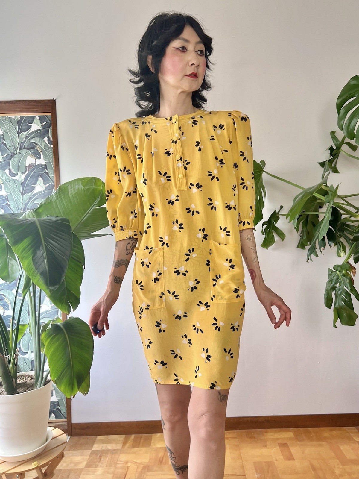 Vintage 80s Ungaro Solo Donna Italy Silk Puff Sleeve Mini Dress Yellow XS-M