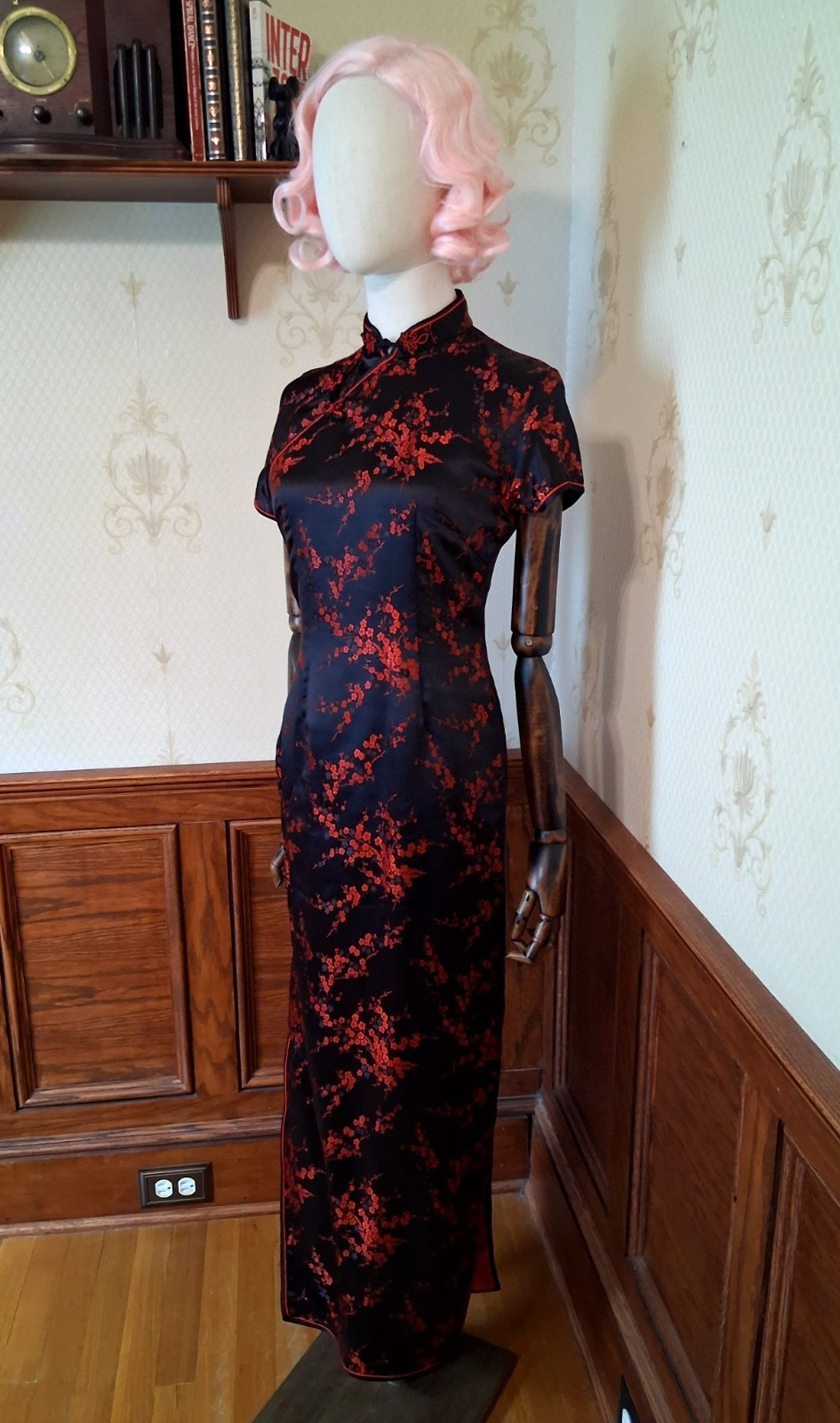 Vintage 1980s/90s Black Red Cherry Blossom Brocade Satin Cheongsam Chinese Dress