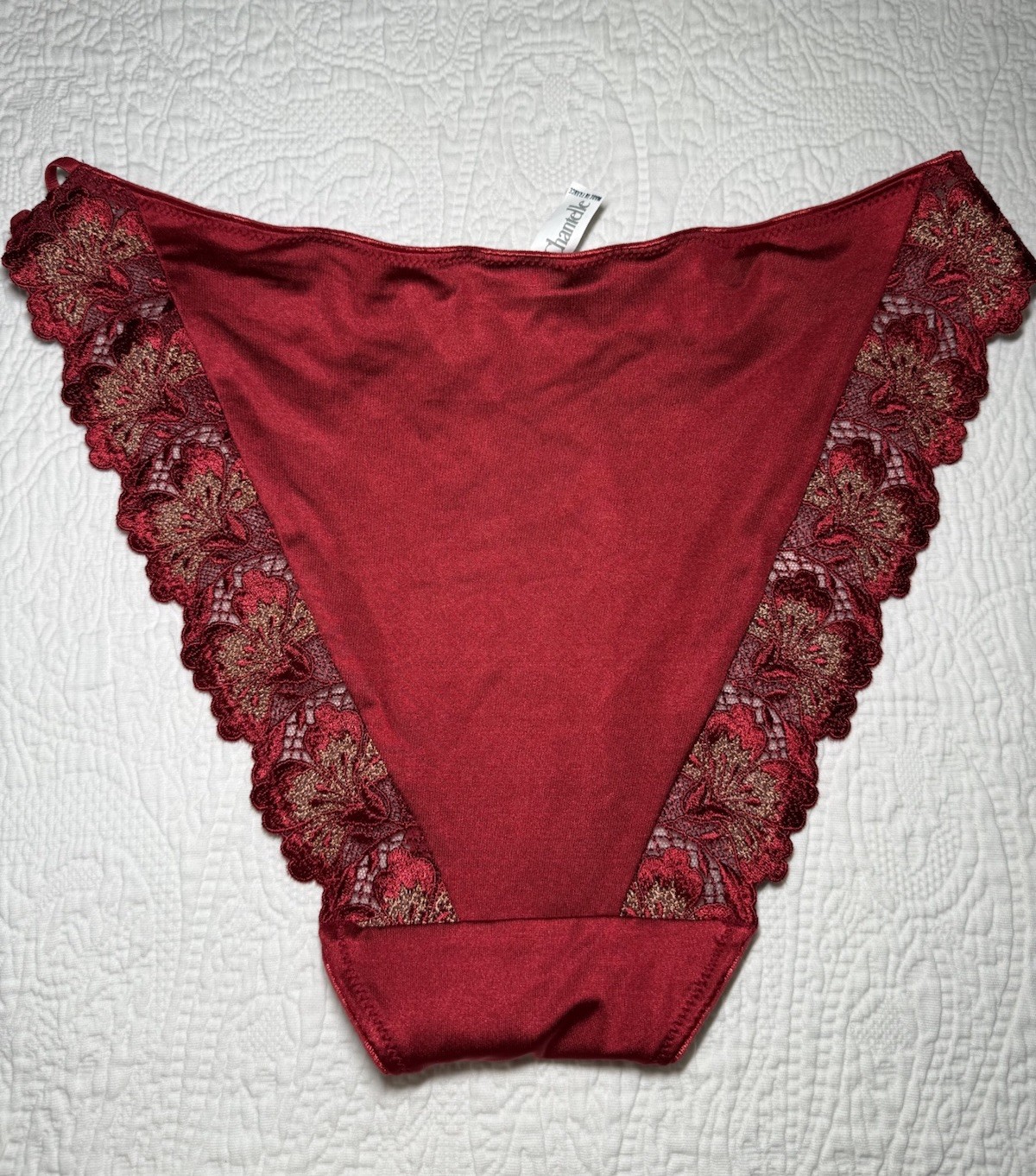Vtg Chantelle Red Embroidered Trim String Bikini Stretch Panties Size Large