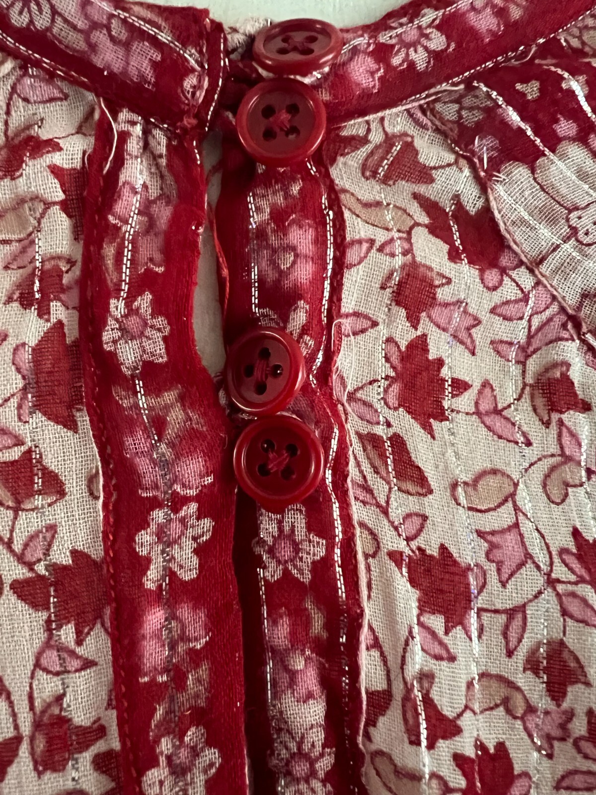 Vintage OH CALCUTTA India Cotton Gauze Hippie Dress Sz M~Red w Silver Thread