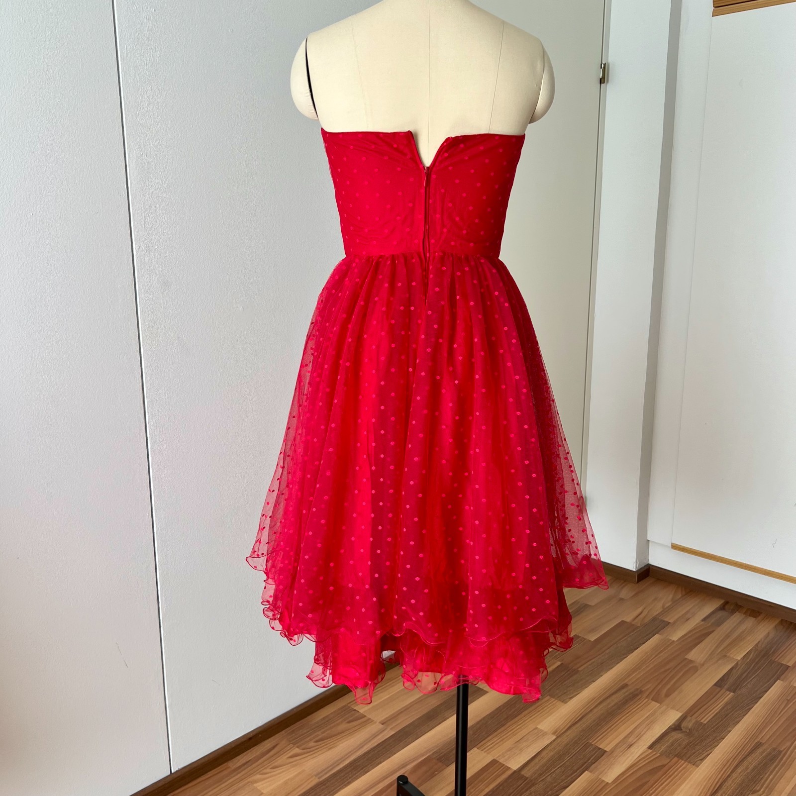 1980s VERA Mont Red Strapless Party Dress Polka Dot Tiered Midi Cocktail Prom