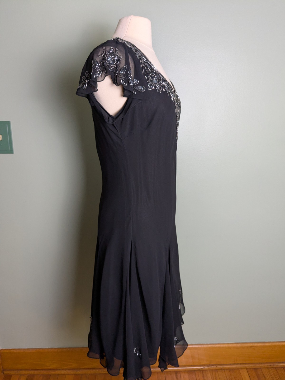 Old Hollywood Inspired Beaded Black Flowy Slip Dress