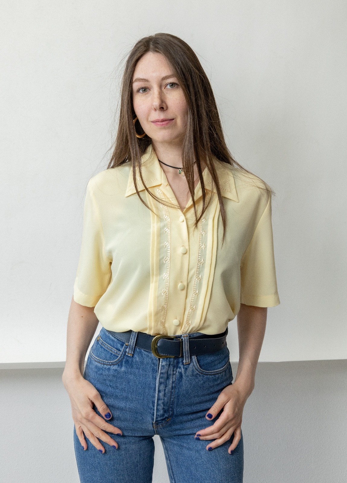 Vintage 90s Pale Yellow Embroidered Blouse Tonal Floral Coquette French Girl M