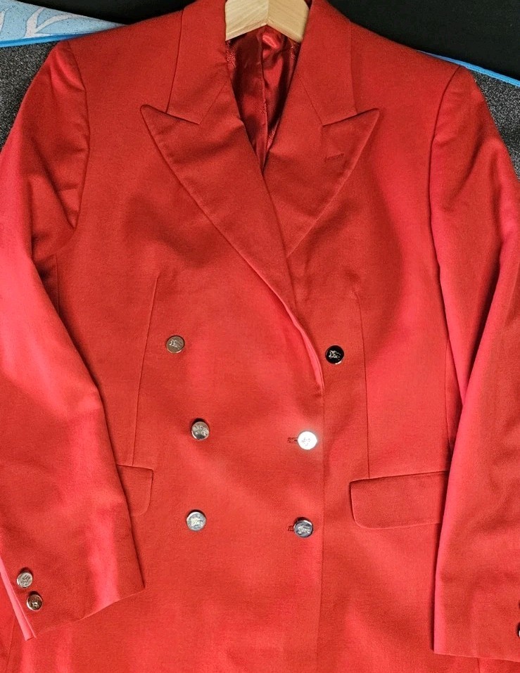 Vintage Burberrys&rsquo; Patrick James Cherry Red Double Breasted Wool Blazer Sz Lrg