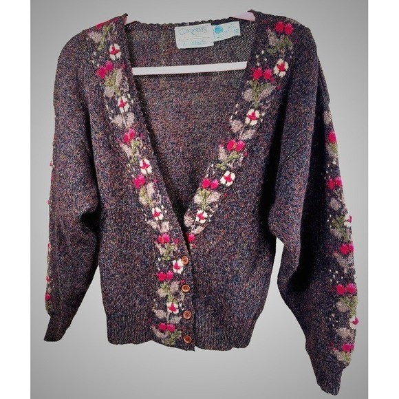 Vintage Components Susan Bristol Shetland Wool Floral Hand Embroidered Cardigan