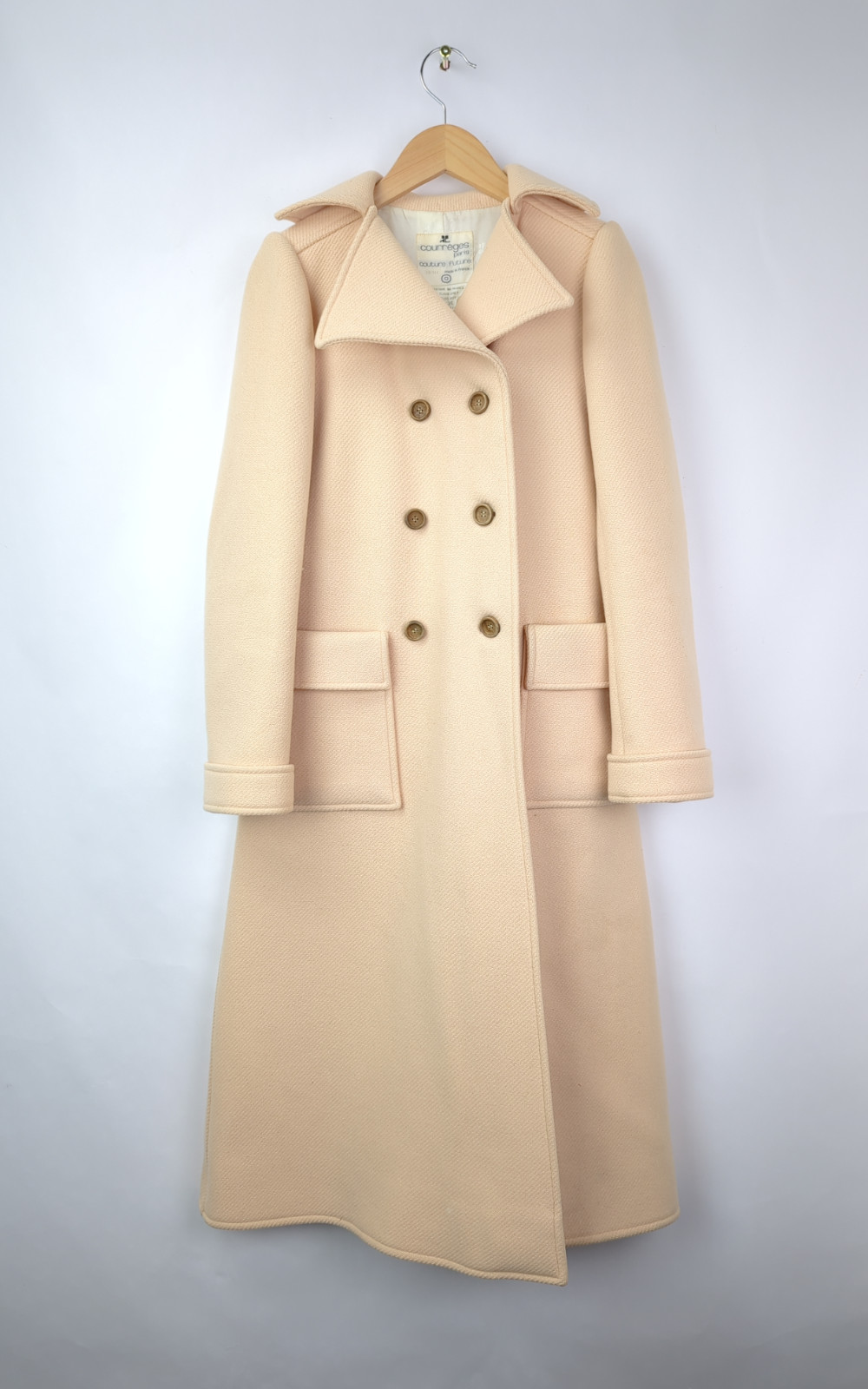 1960s COURREGES Women&rsquo;s Sz XS Couture Future Cream Wool Topcoat Overcoat