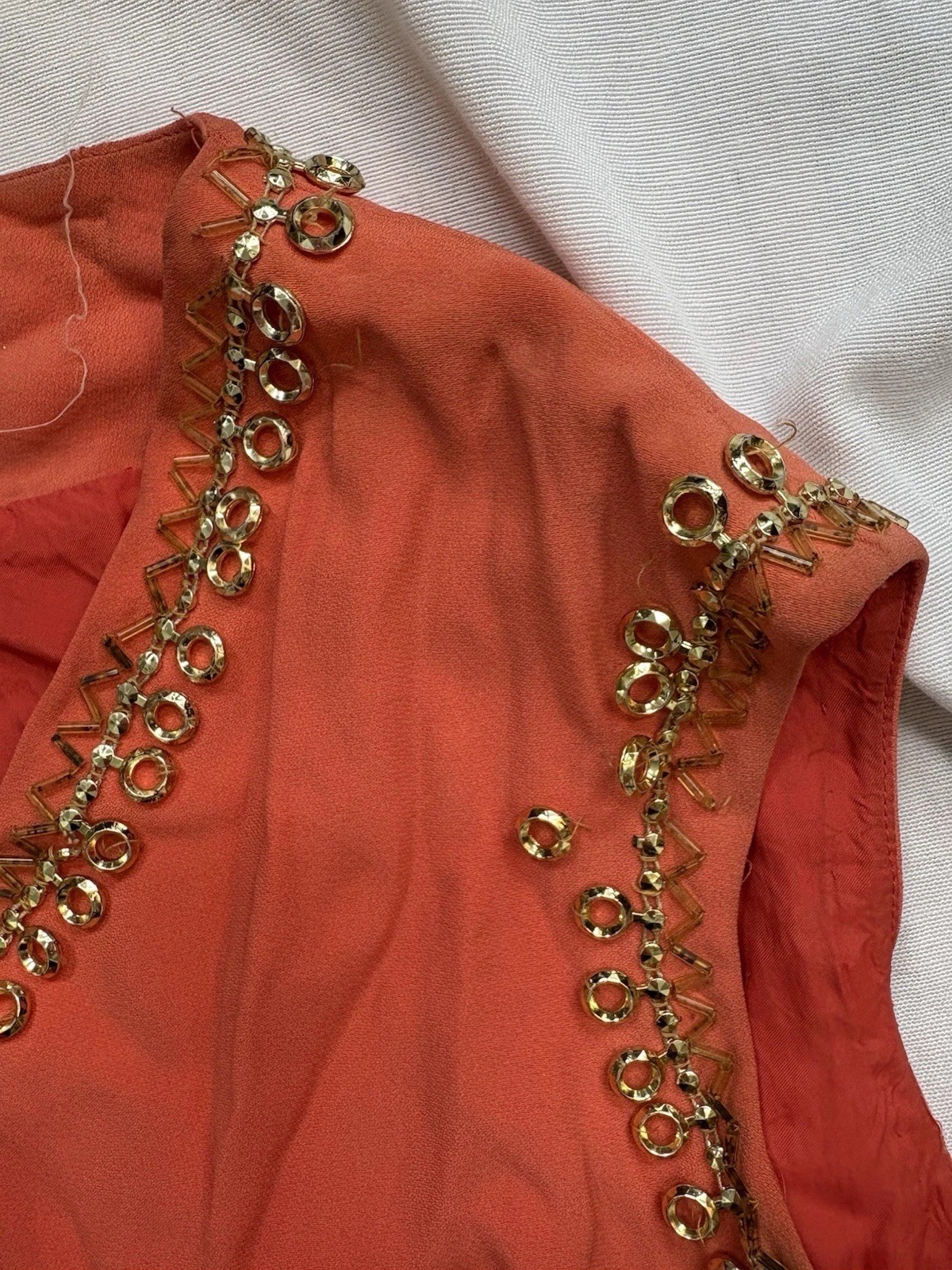 1960s Estelle Allardale Designer Orange Gold Beaded Blouse Retro Small MOD
