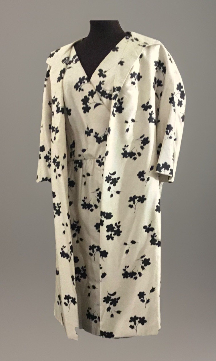 JEAN LOUIS for I.MAGNIN Vtg Dress & Coat Set Sz 12US 100% Silk White & Black EVC