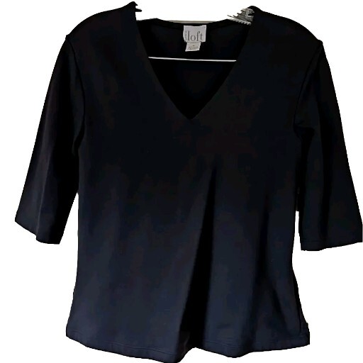 Ann Taylor LOFT Blouse Black Stretch Short Sleeve Elbow Pullover V-neck Medium