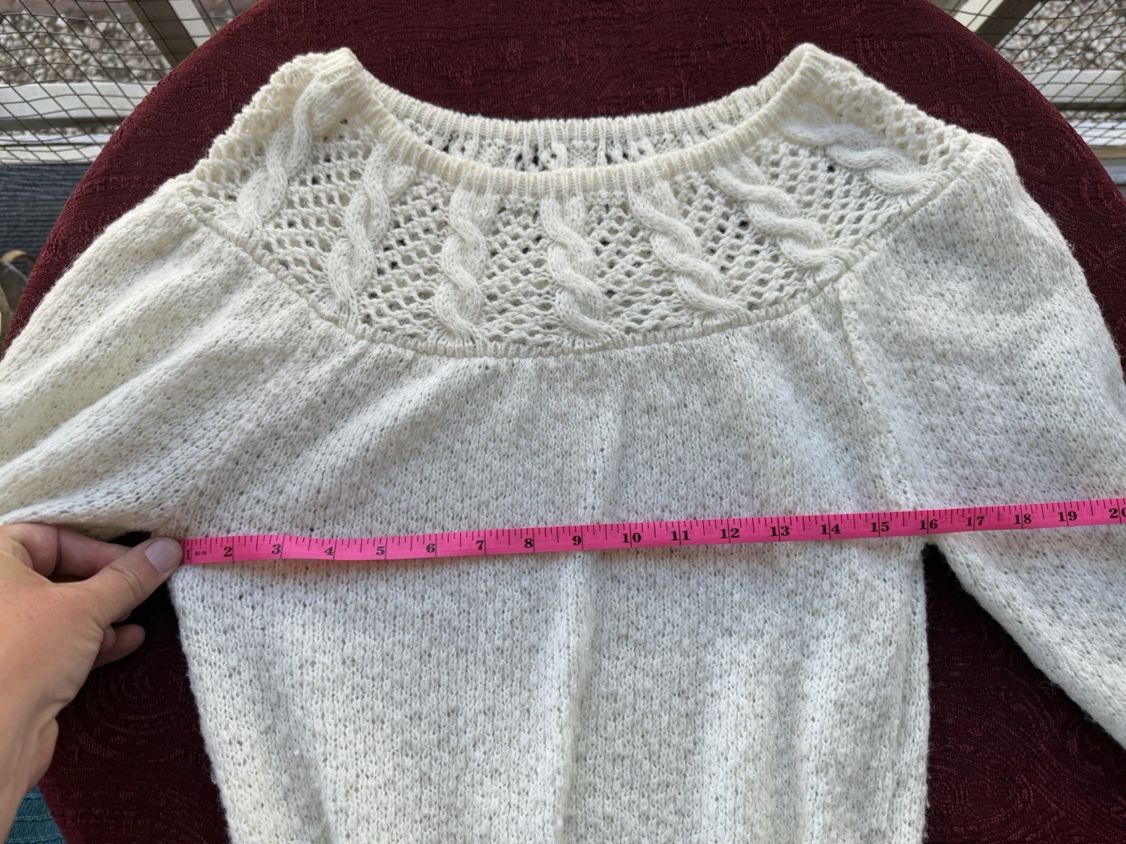 Vintage Cream Knit Open Stitch Yoke Sweater – Soft Cozy Cottagecore Knitwear