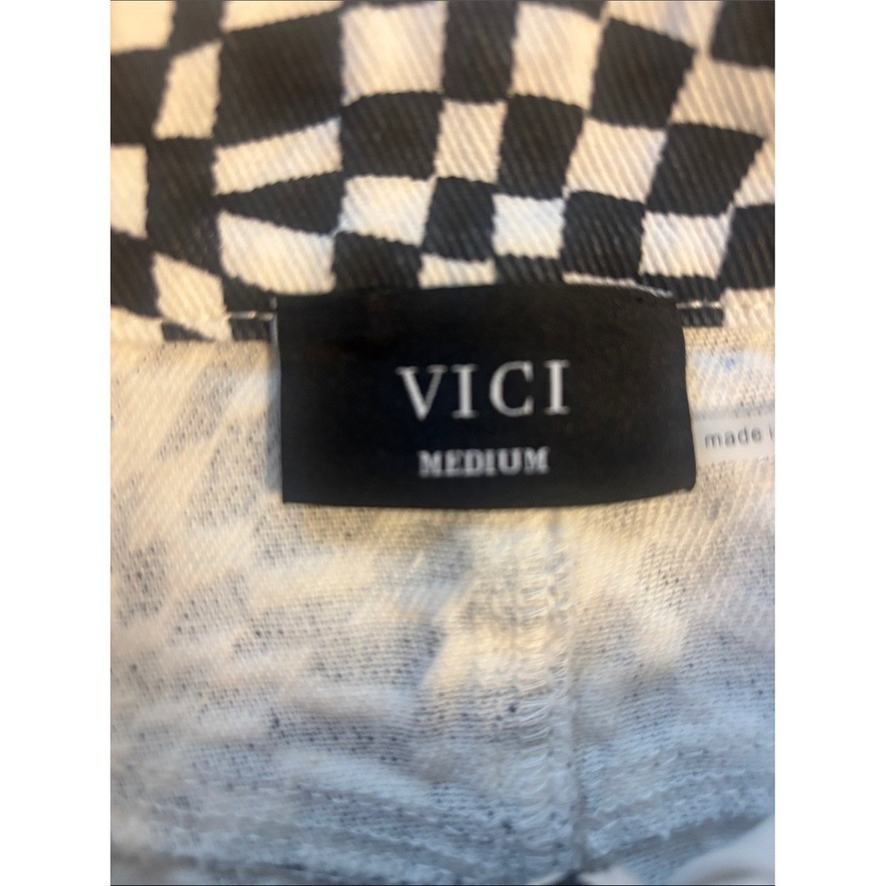 VICI Black White Warped Checkerboard Denim Mini Skirt Psychedelic Print Medium