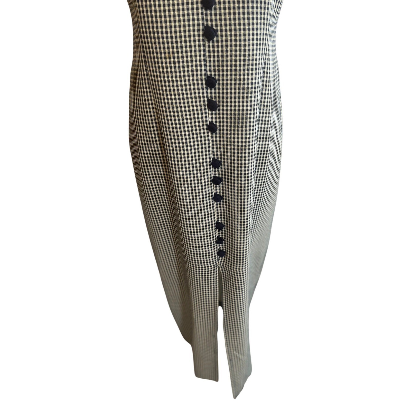 Scarlett Vintage Gingham Check Maxi Dress Navy Blue White Mandarin Collar 3/4